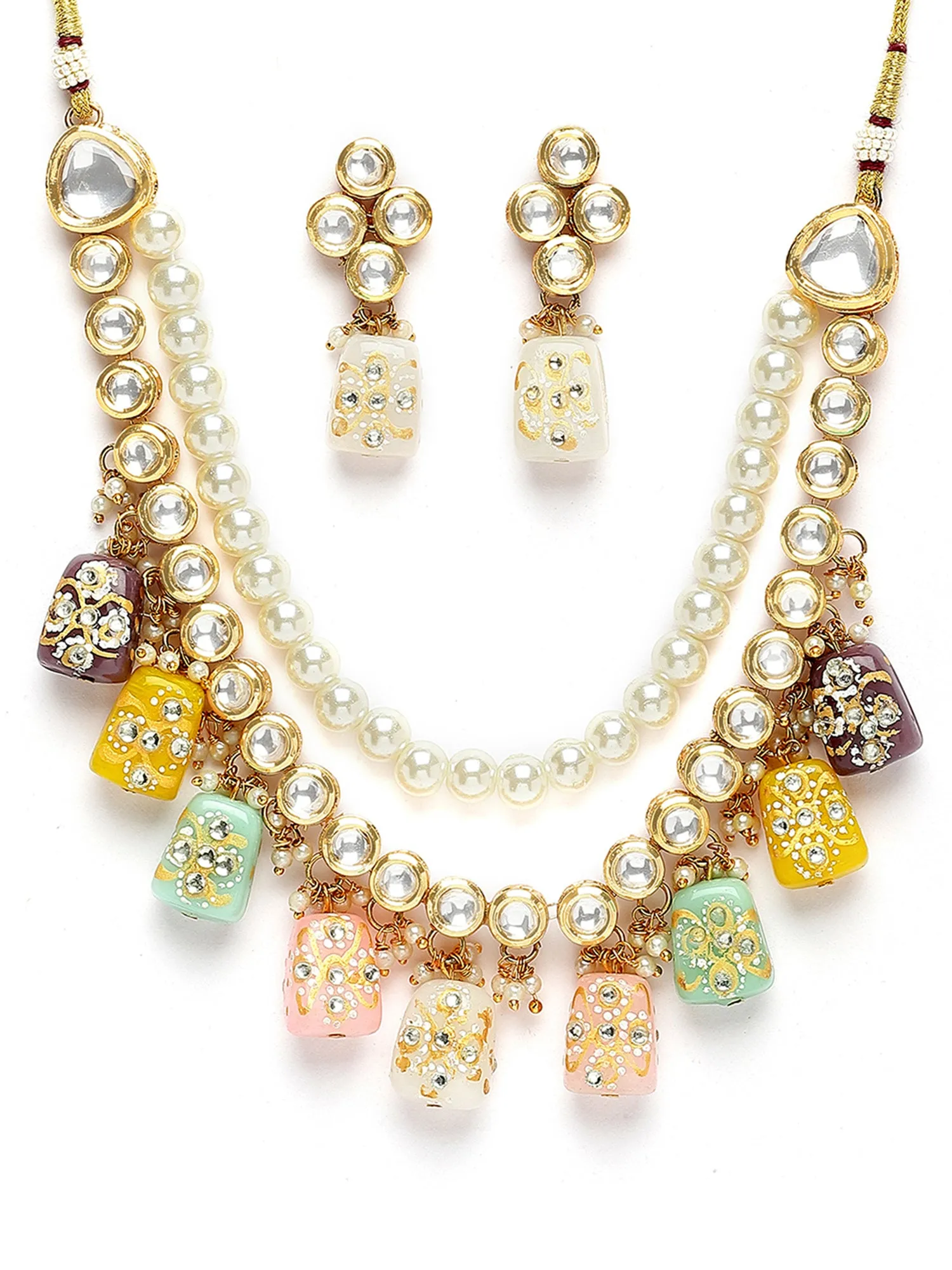 Karatcart Navratna Designer Tumble Pearl and Polki Kundan Necklace Set for Women