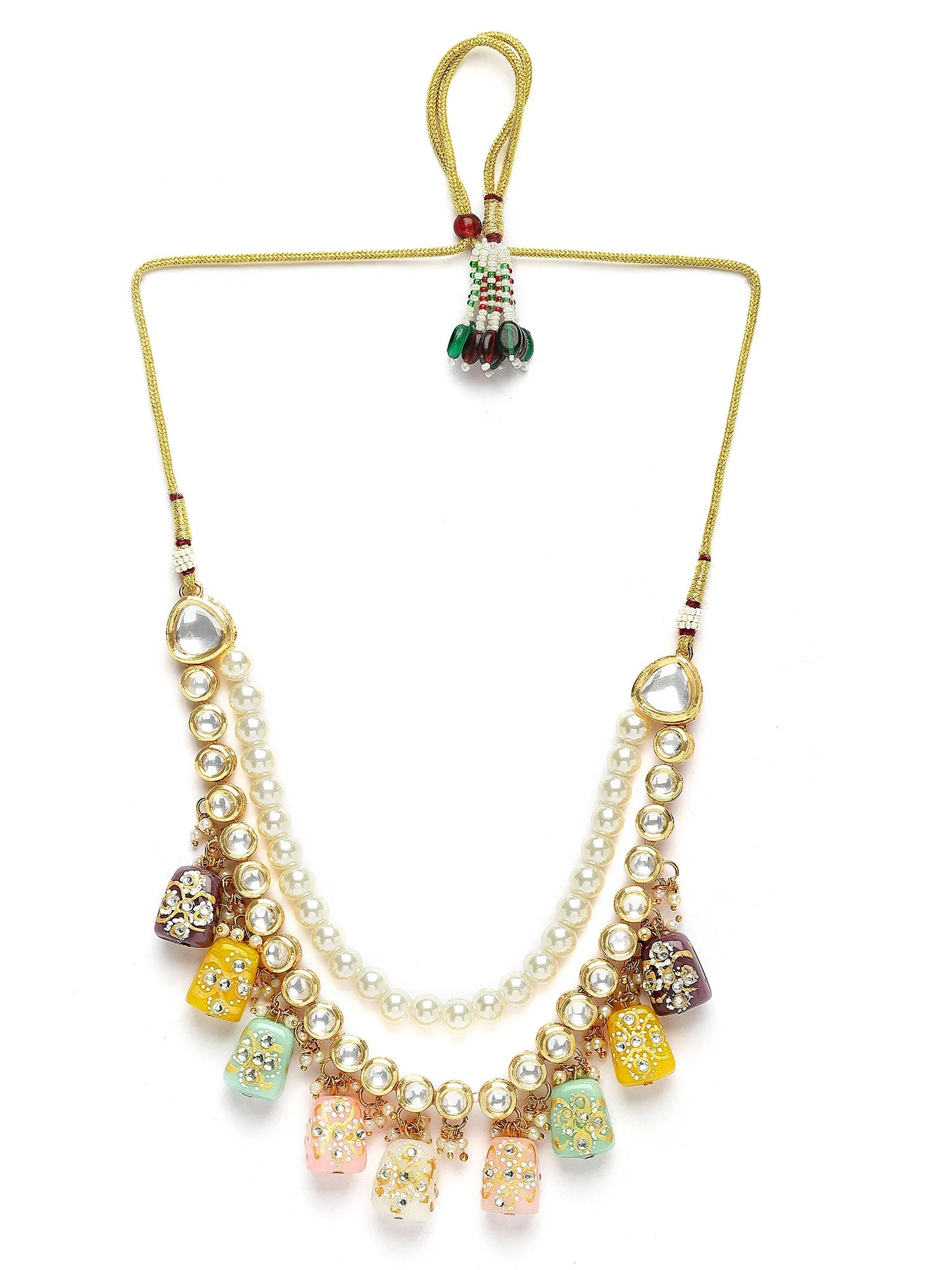 Karatcart Navratna Designer Tumble Pearl and Polki Kundan Necklace Set for Women