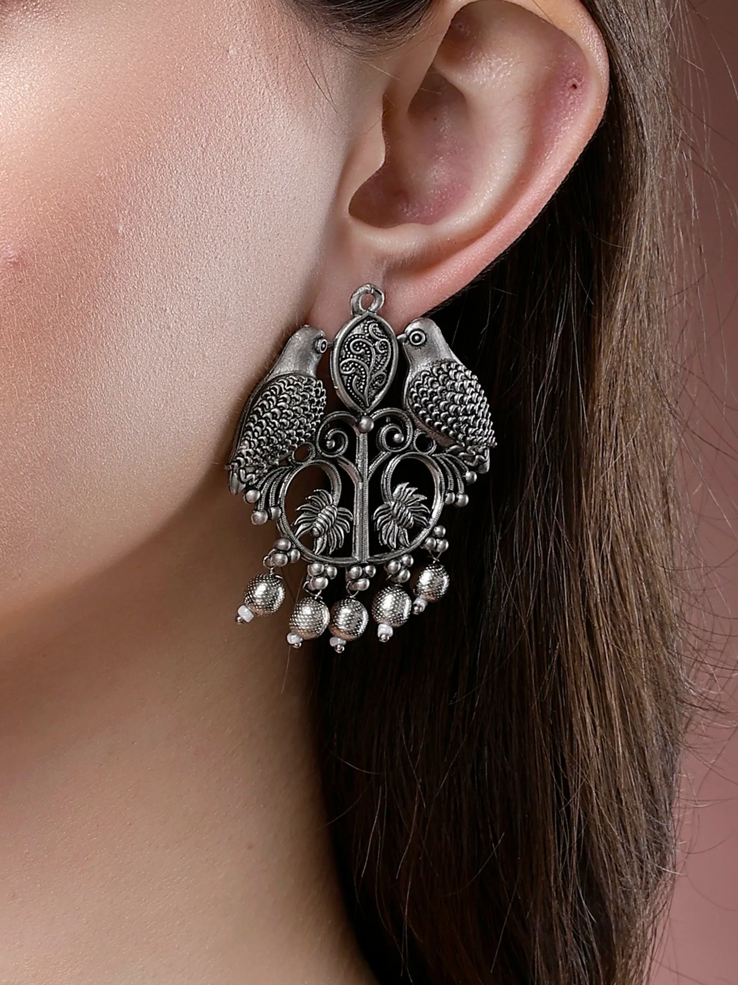 Karatcart Oxidised Silver Bird Design Dangler Earrings for Women