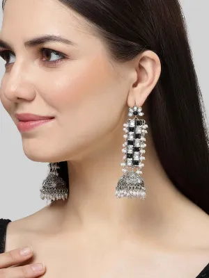 Karatcart Oxidised Silver Black and White Kundan Jhumki Drop Earrings for Women