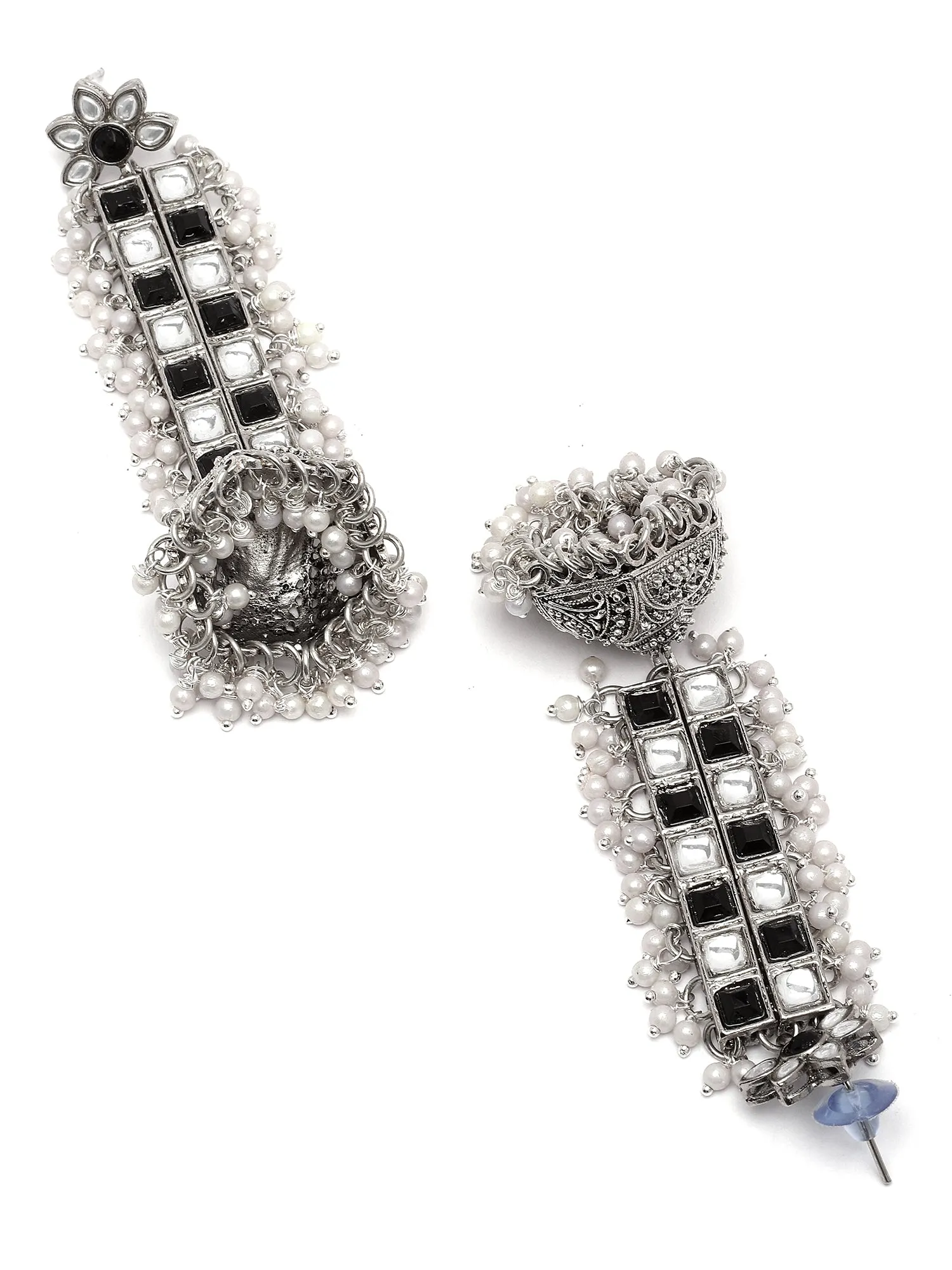 Karatcart Oxidised Silver Black and White Kundan Jhumki Drop Earrings for Women