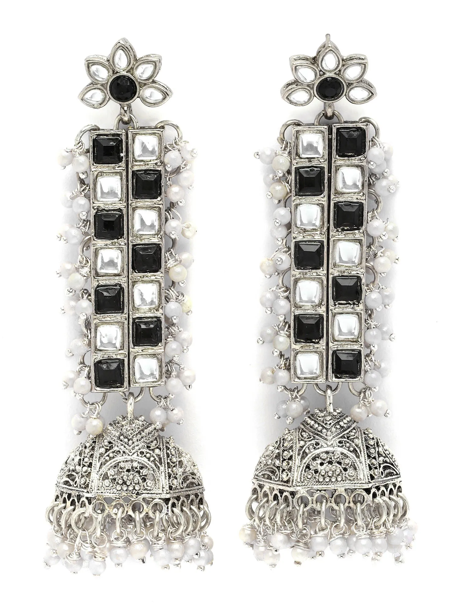 Karatcart Oxidised Silver Black and White Kundan Jhumki Drop Earrings for Women