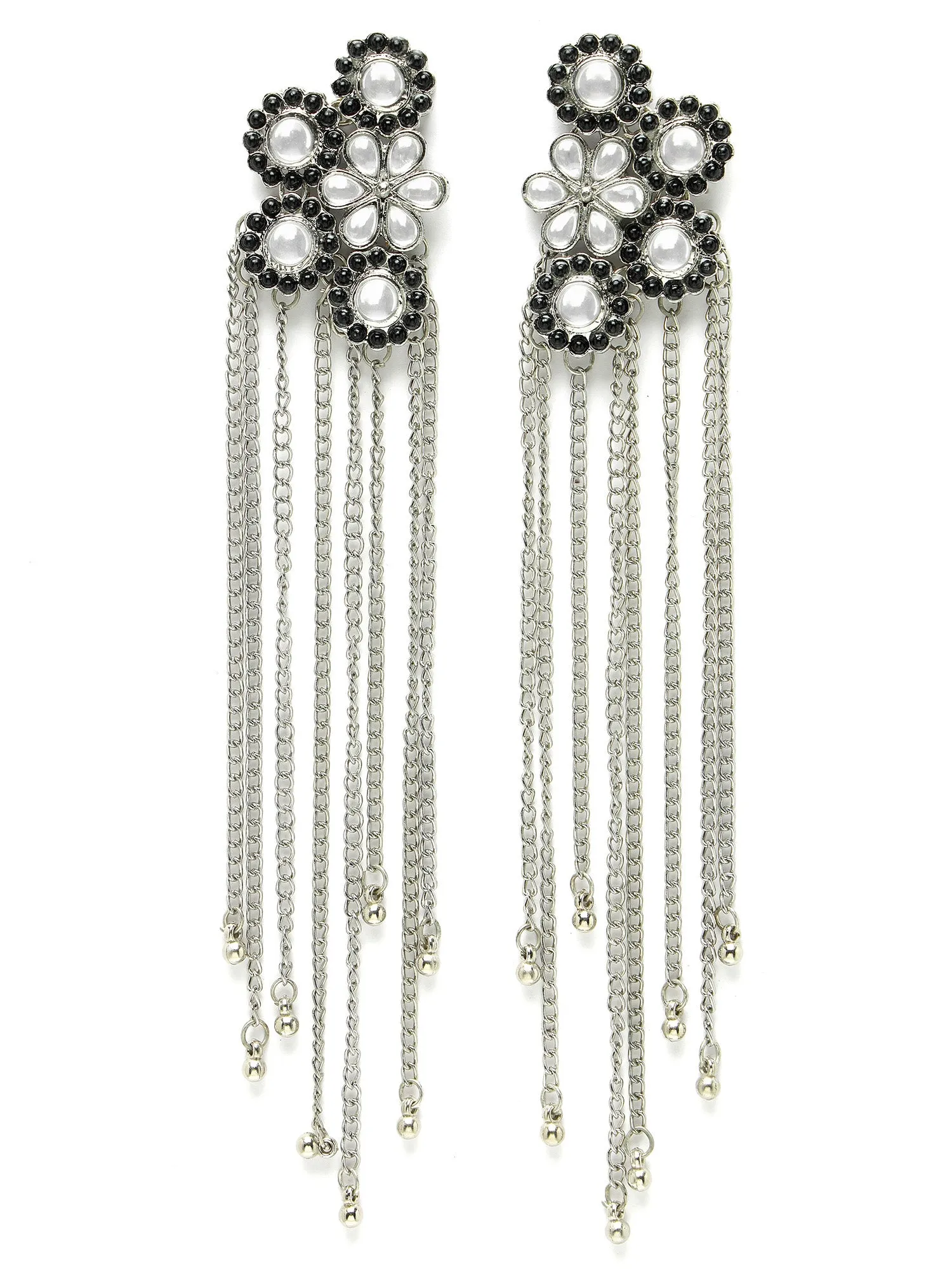 Karatcart Oxidised Silver Black Ball Studded Kundan Tassel Earrings for Women