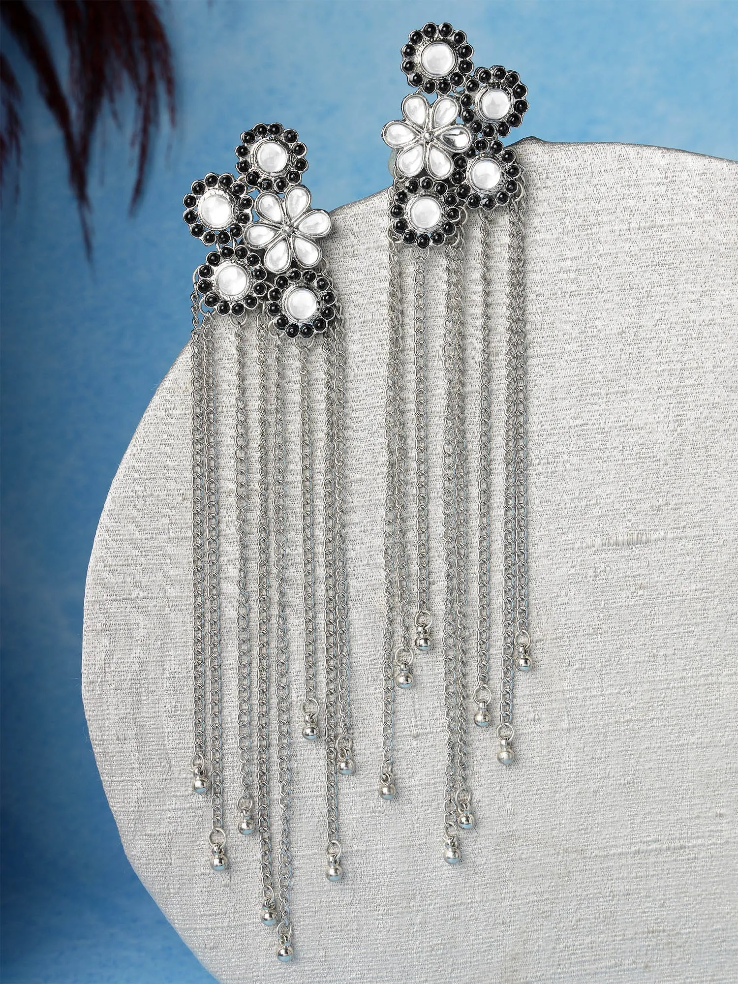 Karatcart Oxidised Silver Black Ball Studded Kundan Tassel Earrings for Women