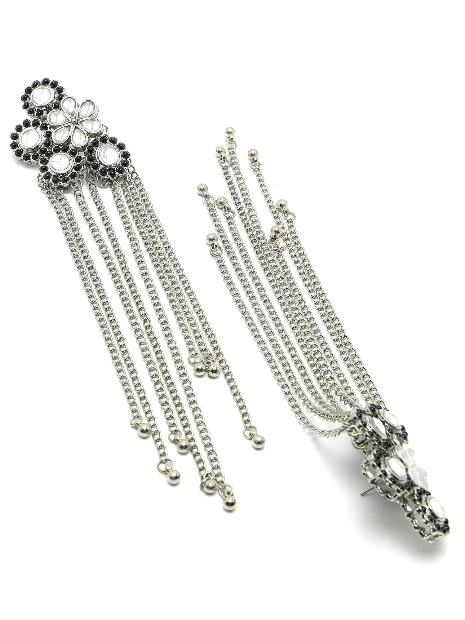 Karatcart Oxidised Silver Black Ball Studded Kundan Tassel Earrings for Women