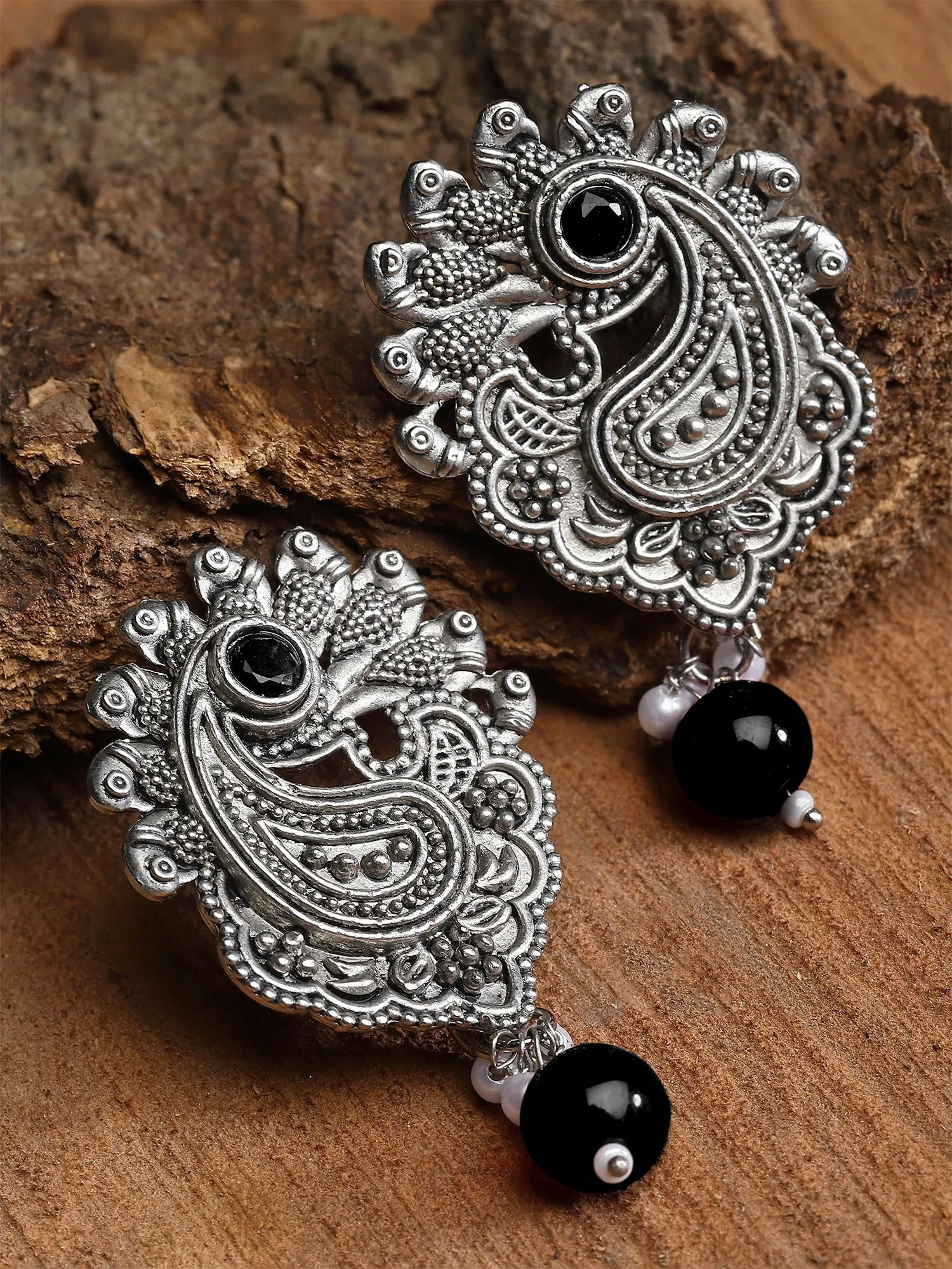 Karatcart Oxidised Silver Black Bead Drop Earring for Women