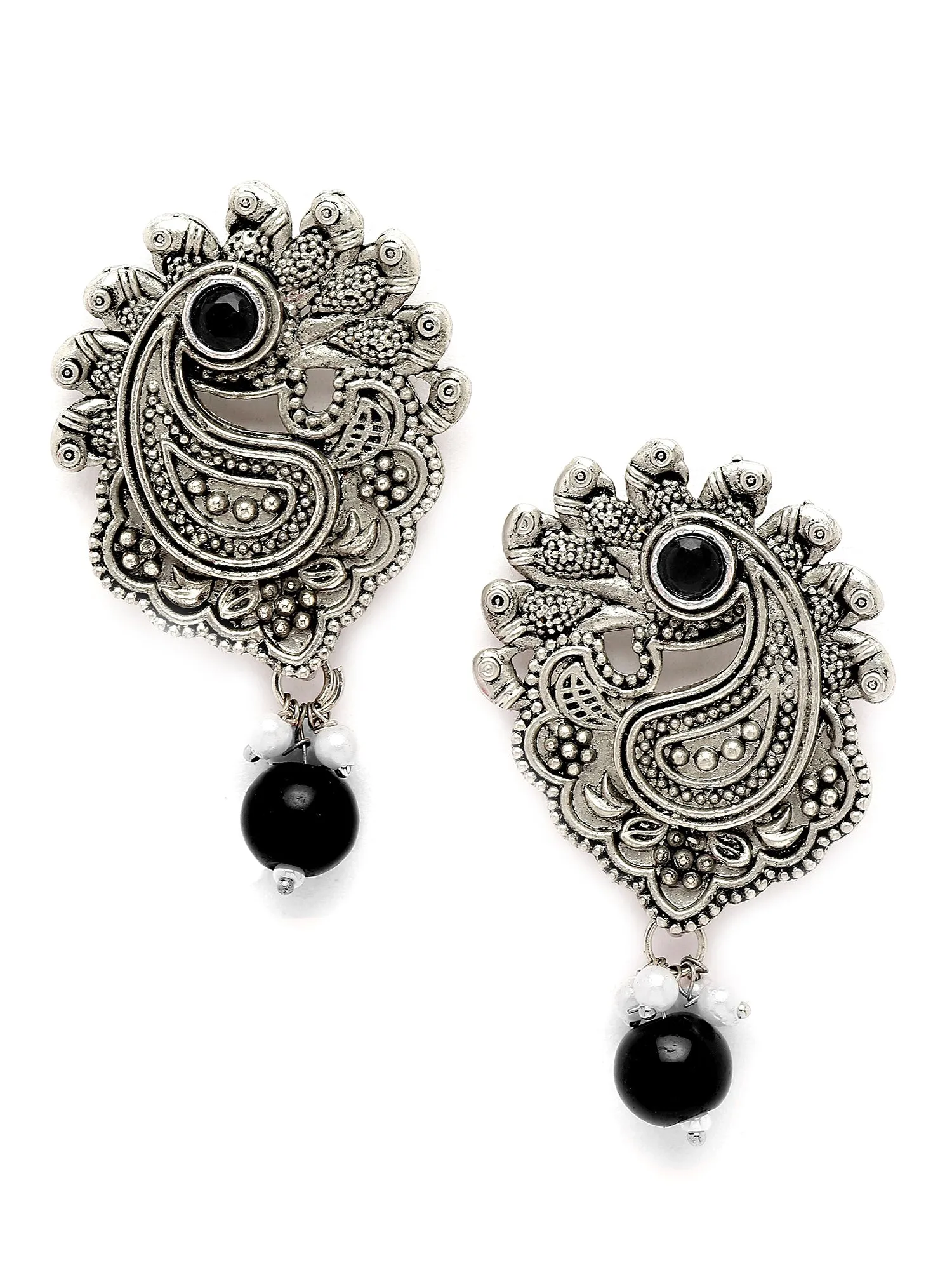 Karatcart Oxidised Silver Black Bead Drop Earring for Women