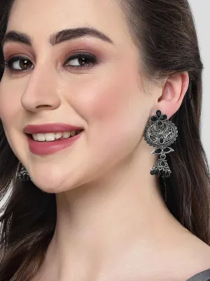 Karatcart Oxidised Silver Black Beads and Stone Studded Drop Earring for Women