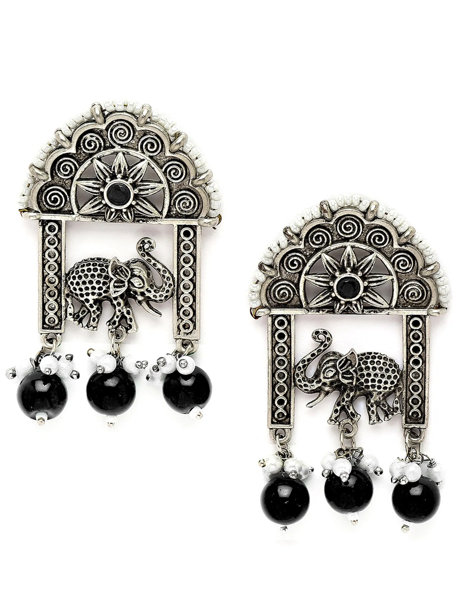 Karatcart Oxidised Silver Black Beads Elephant Design Dangler Earrings for Women