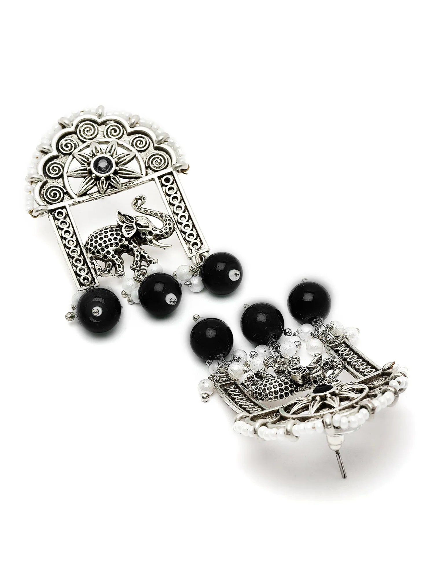 Karatcart Oxidised Silver Black Beads Elephant Design Dangler Earrings for Women