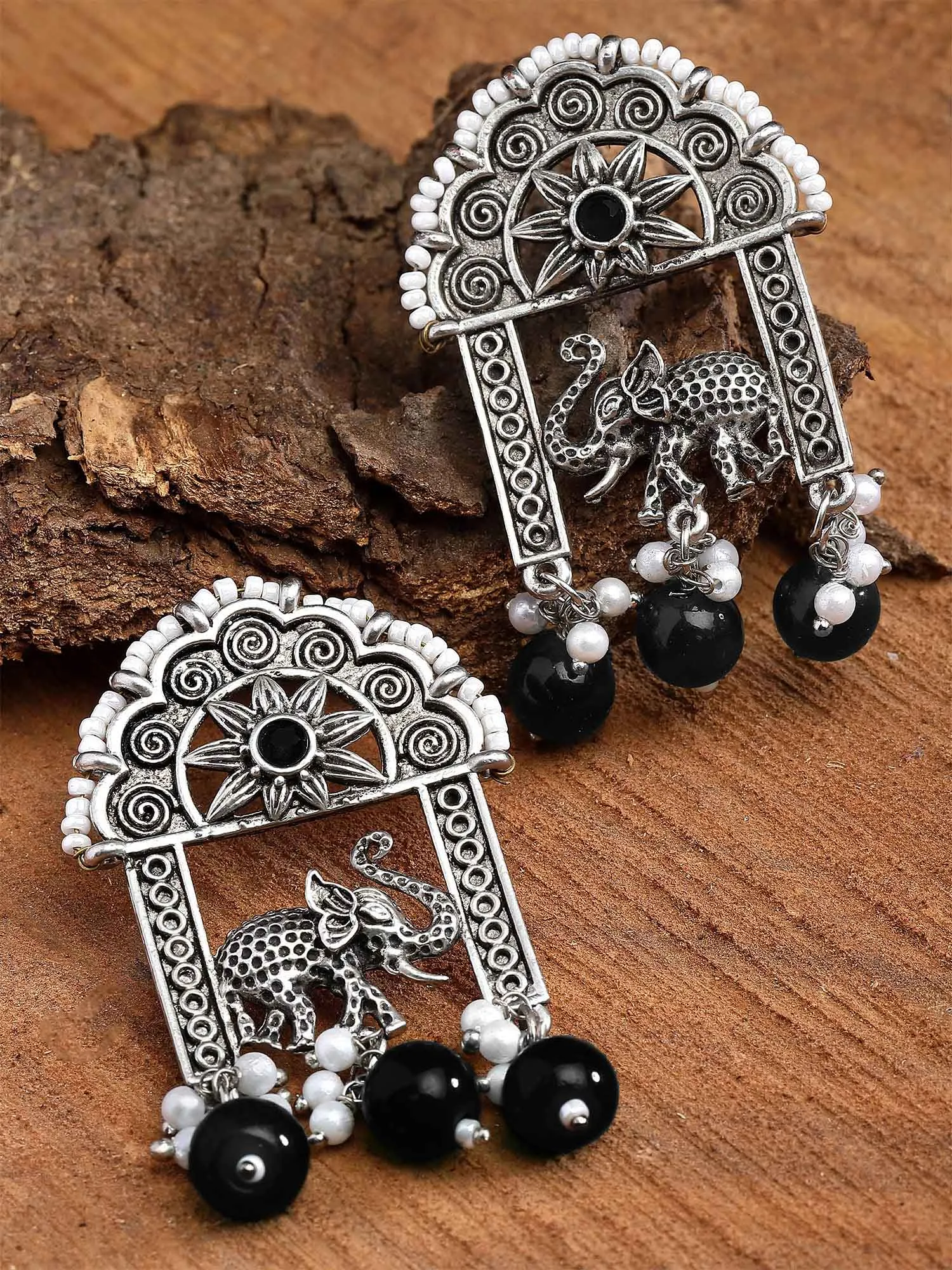 Karatcart Oxidised Silver Black Beads Elephant Design Dangler Earrings for Women
