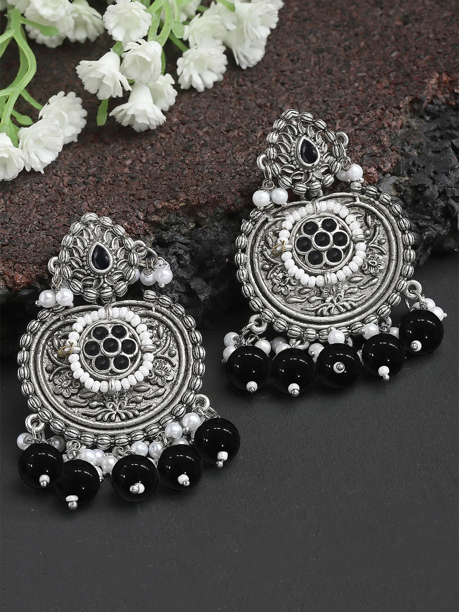 Karatcart Oxidised Silver Black Beads Floral Drop Earrings for Women