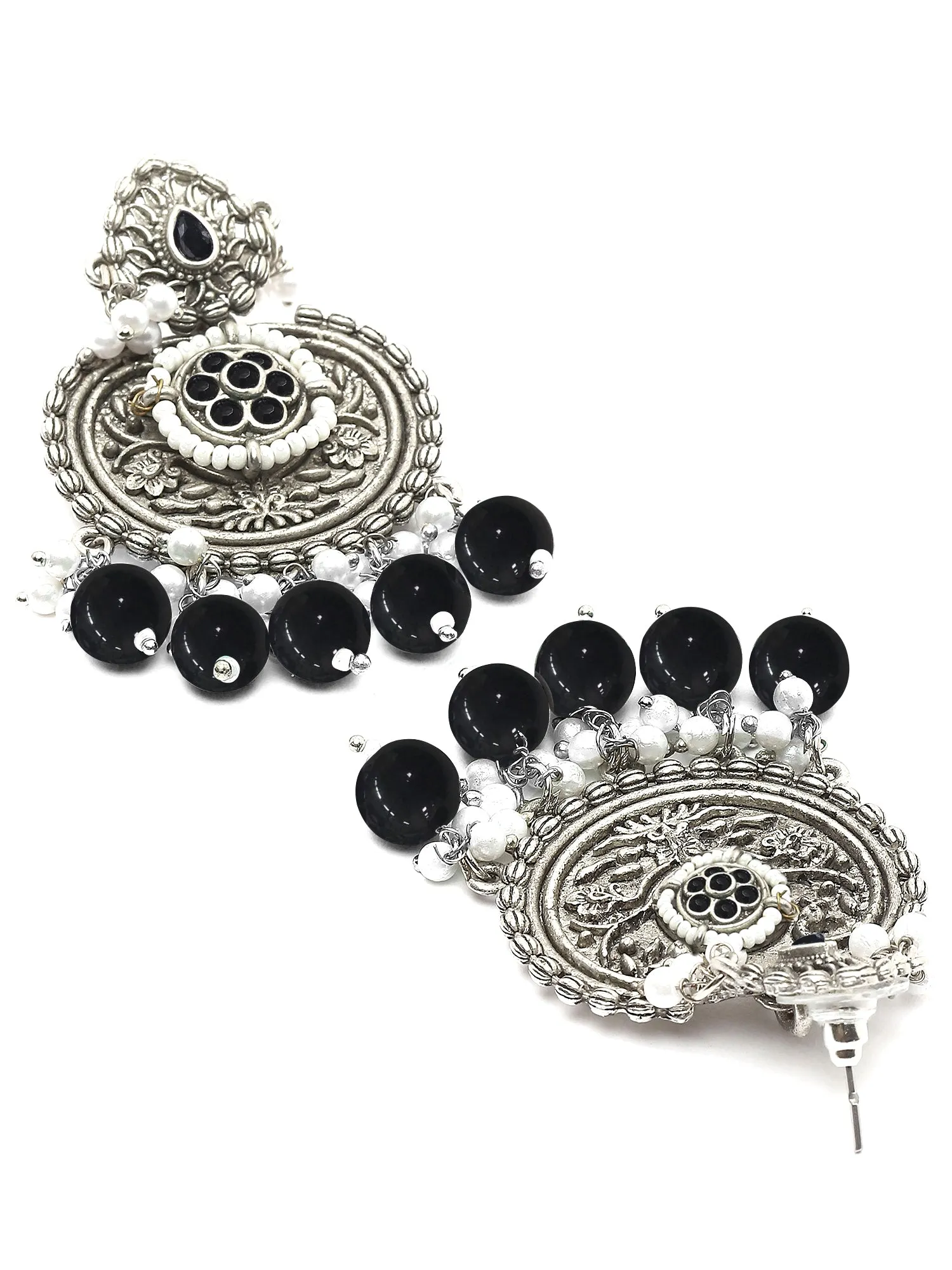 Karatcart Oxidised Silver Black Beads Floral Drop Earrings for Women