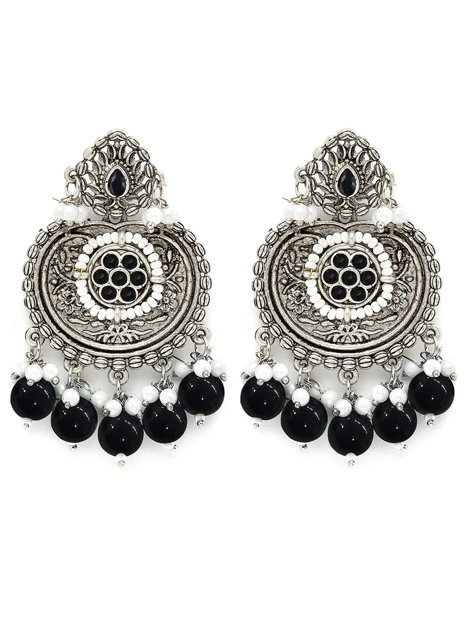 Karatcart Oxidised Silver Black Beads Floral Drop Earrings for Women