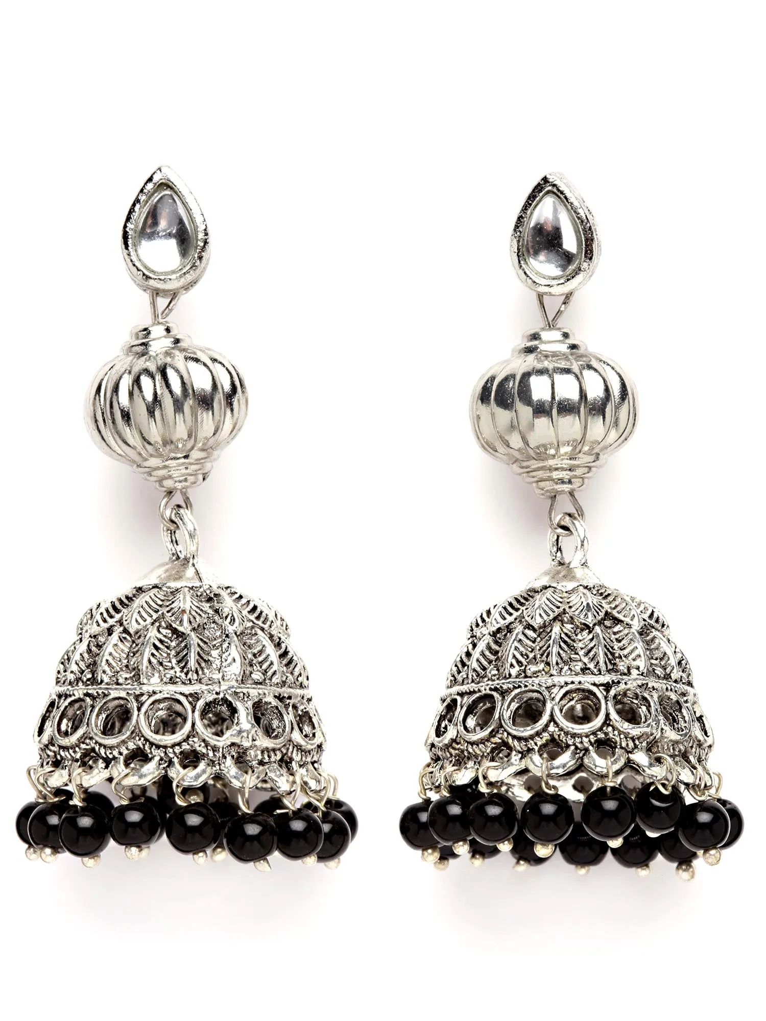 Karatcart Oxidised Silver Black Beads Kundan Necklace Set for Women