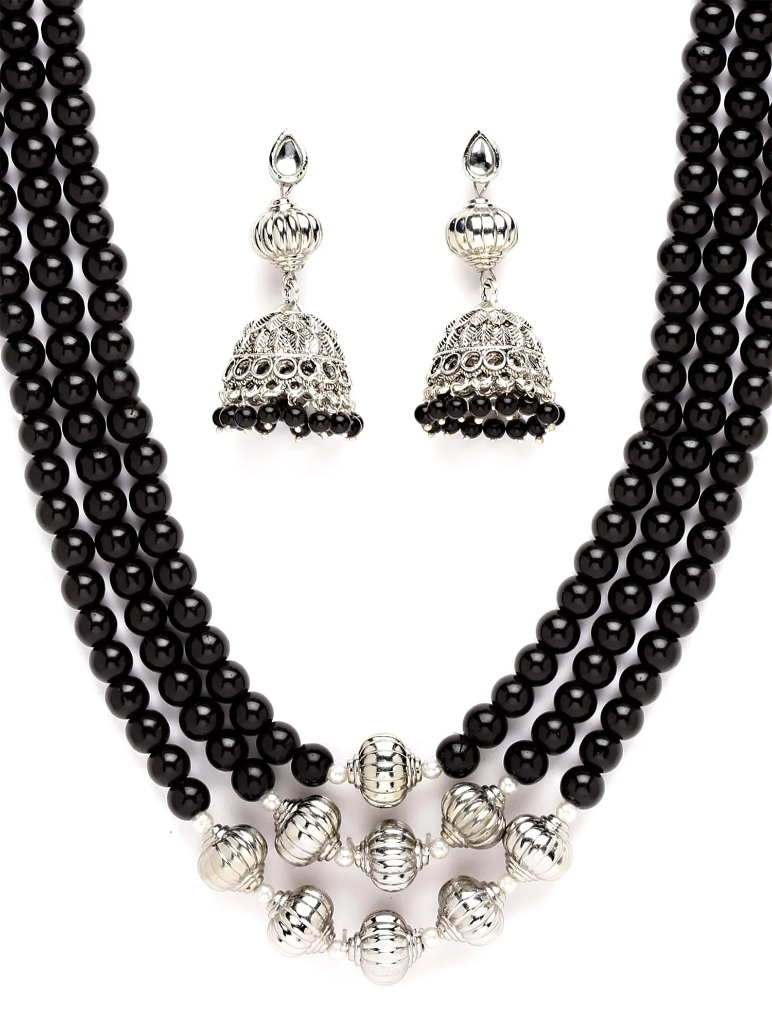 Karatcart Oxidised Silver Black Beads Kundan Necklace Set for Women