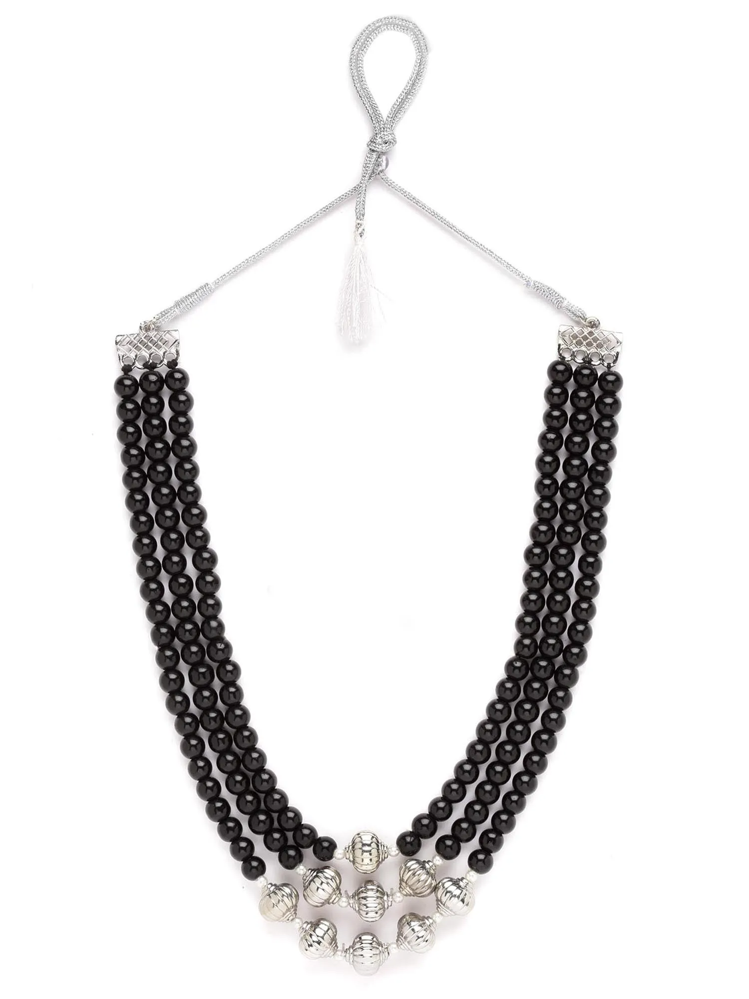 Karatcart Oxidised Silver Black Beads Kundan Necklace Set for Women