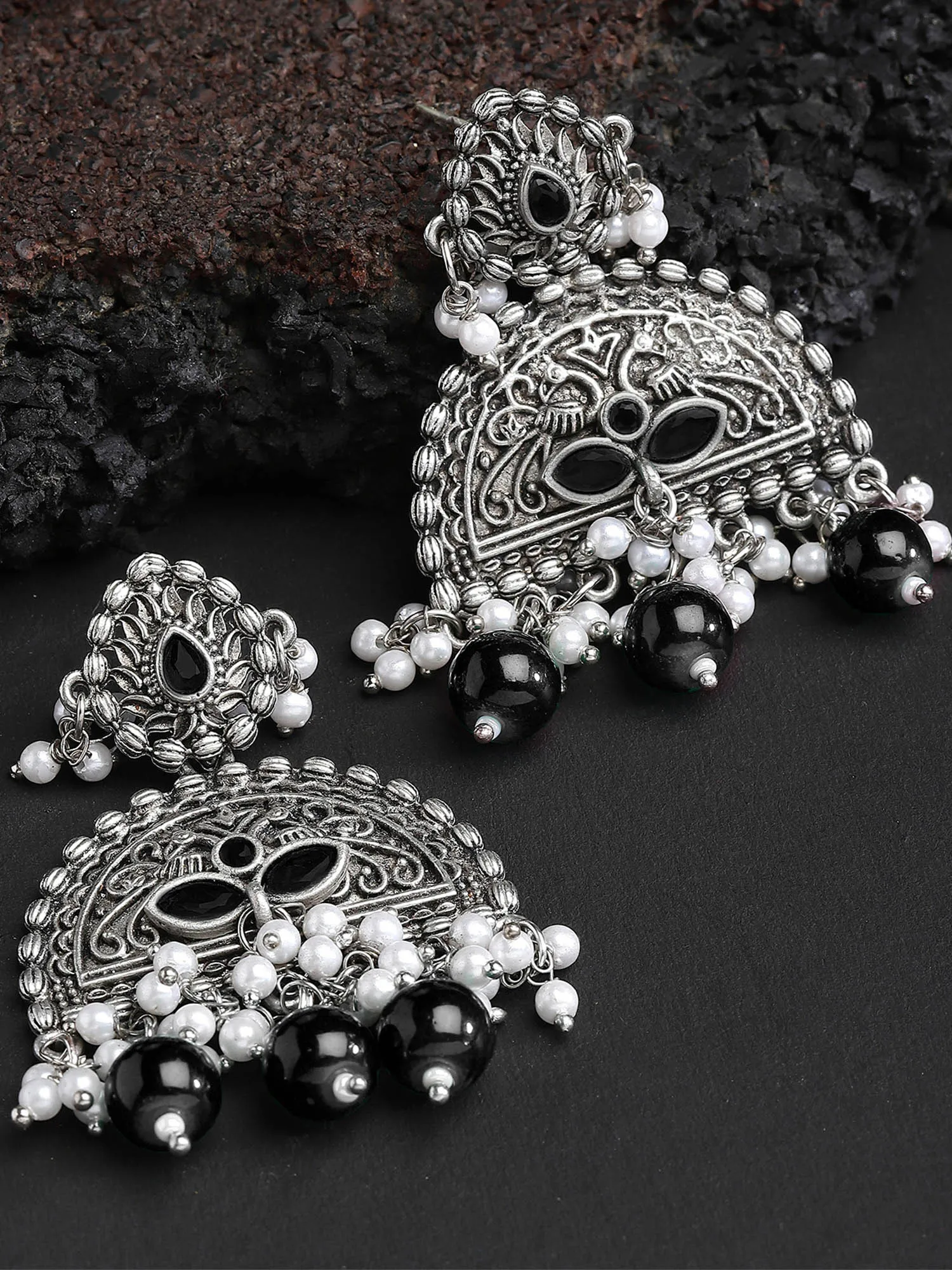 Karatcart Oxidised Silver Black Beads Peacock Design Dangler Earrings for Women