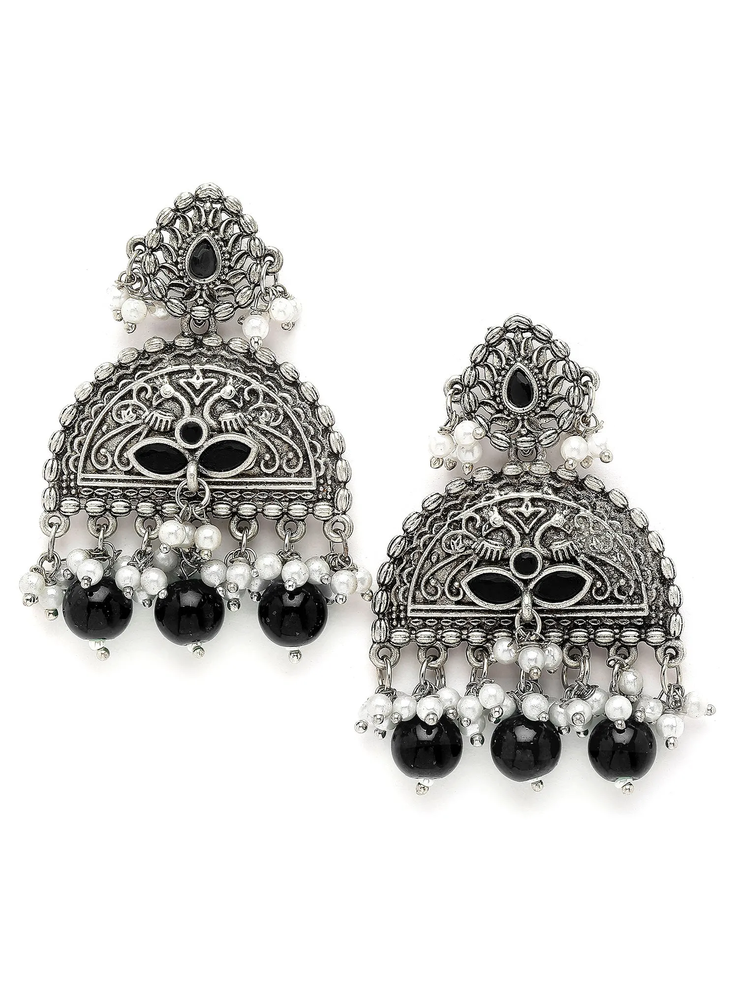Karatcart Oxidised Silver Black Beads Peacock Design Dangler Earrings for Women
