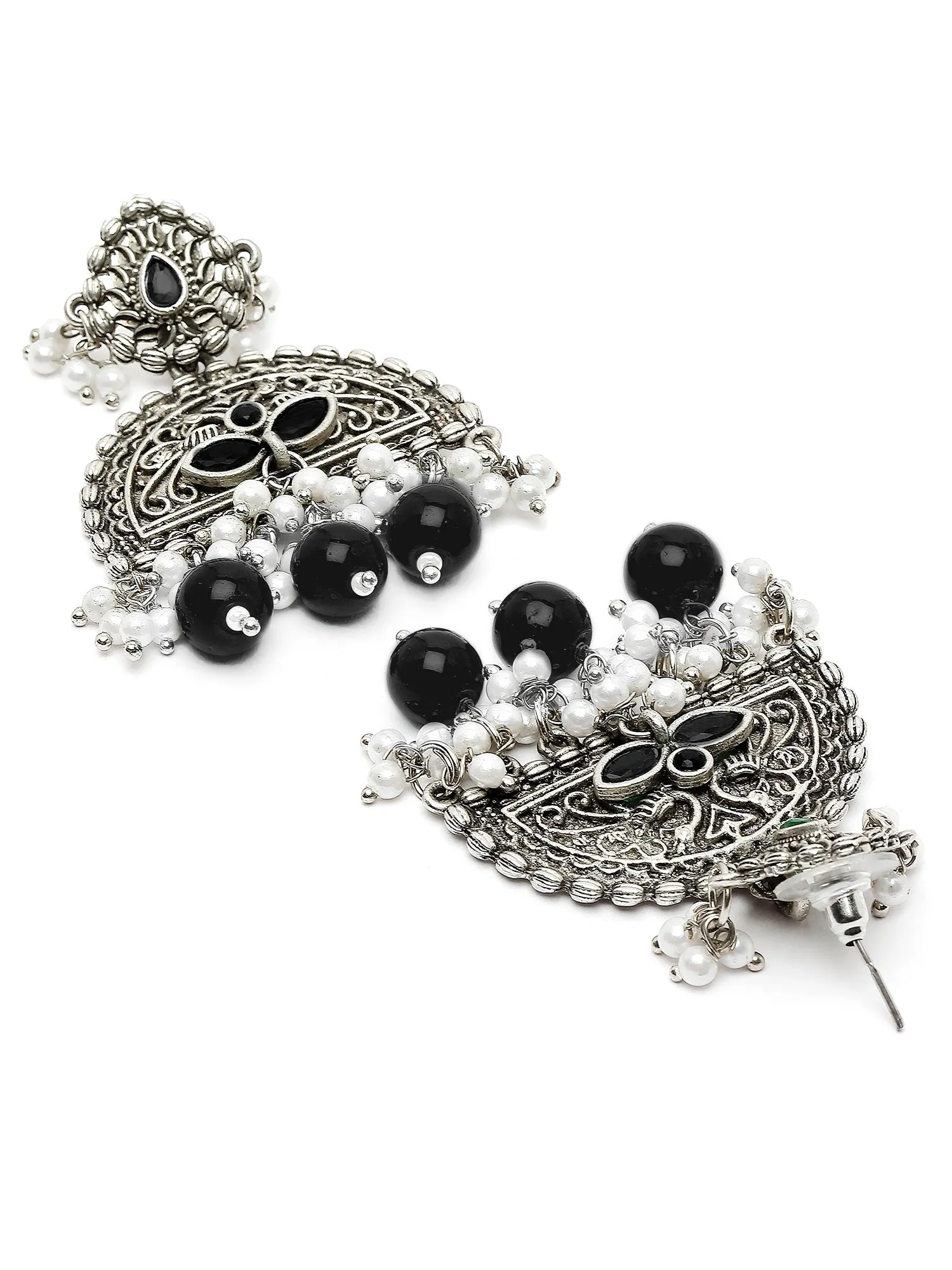 Karatcart Oxidised Silver Black Beads Peacock Design Dangler Earrings for Women