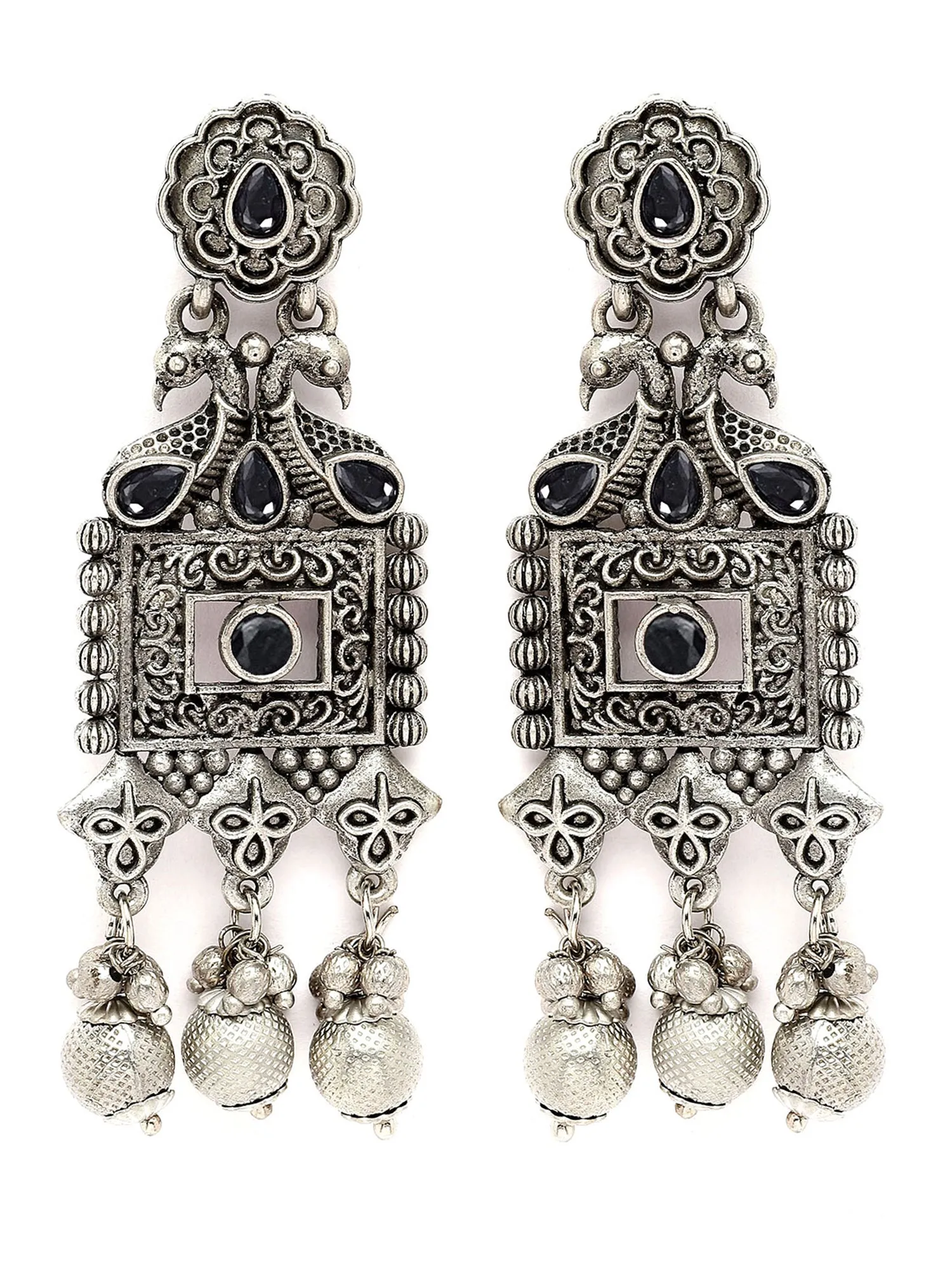 Karatcart Oxidised Silver Black Kundan Studded Drop Earrings for Women
