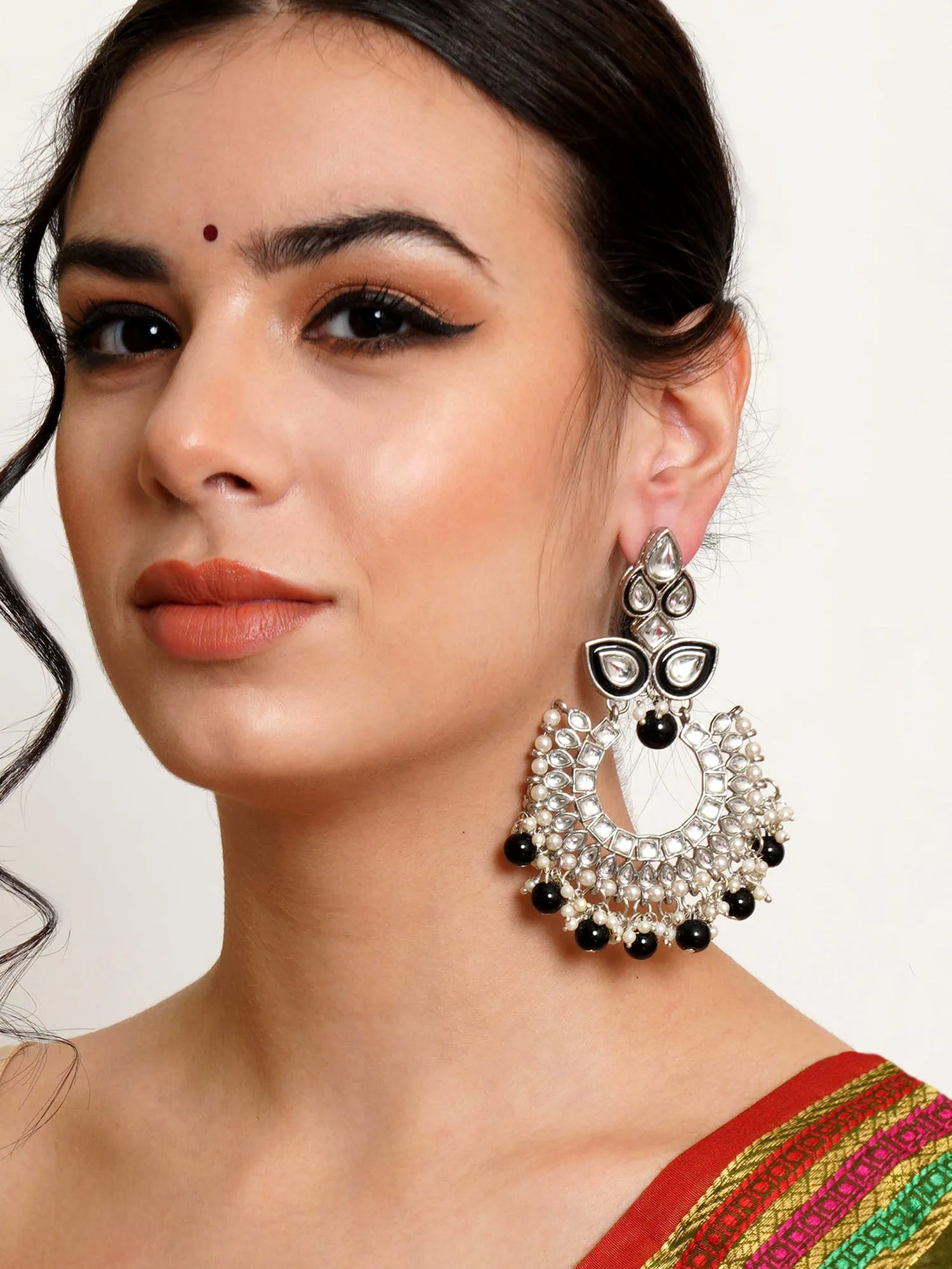 Karatcart Oxidised Silver Black Meena Kundan Chandbali Earrings for Women