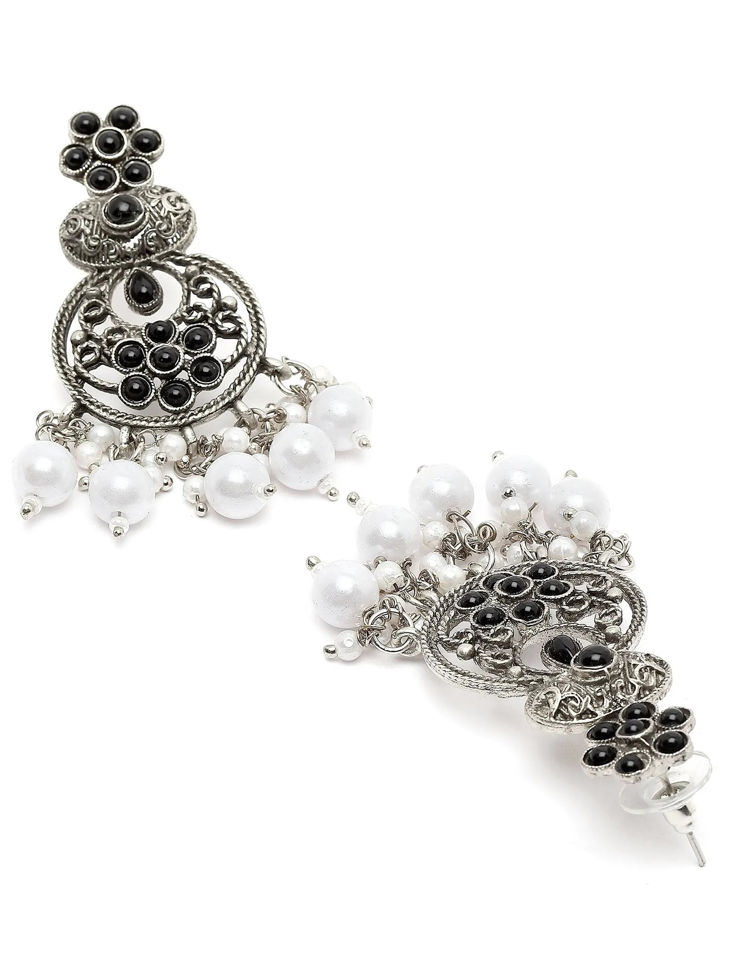 Karatcart Oxidised Silver Black Stone and Pearl Dangler Earring for Women