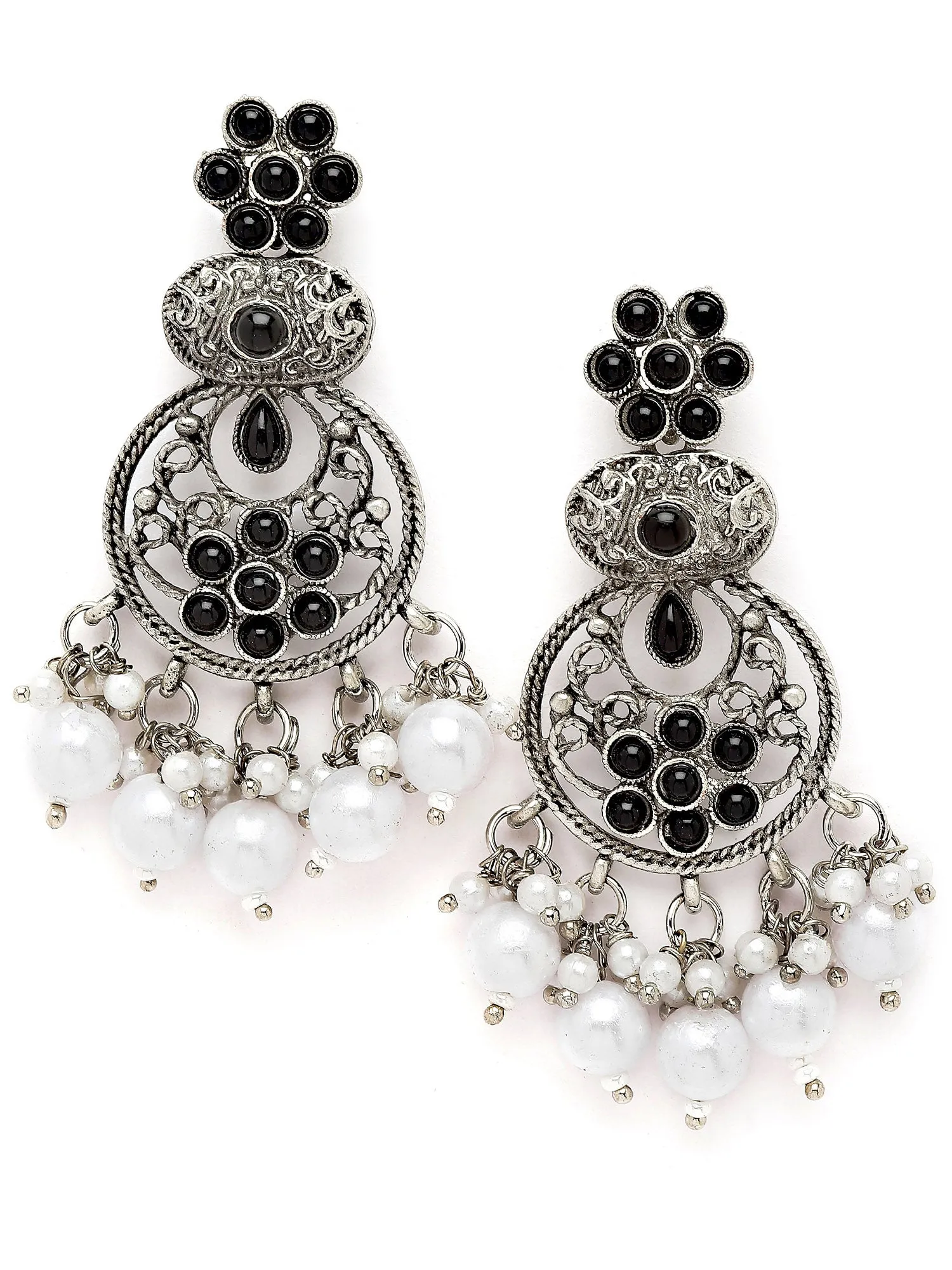 Karatcart Oxidised Silver Black Stone and Pearl Dangler Earring for Women