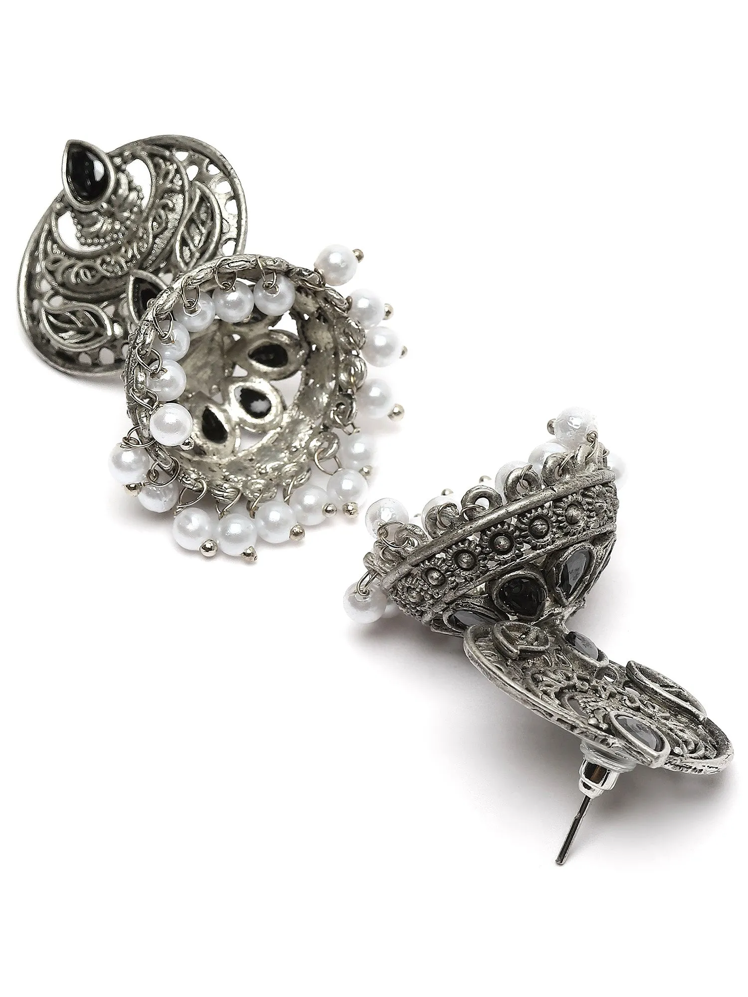 Karatcart Oxidised Silver Black Stone and Pearl Jhumka Earrings for Women