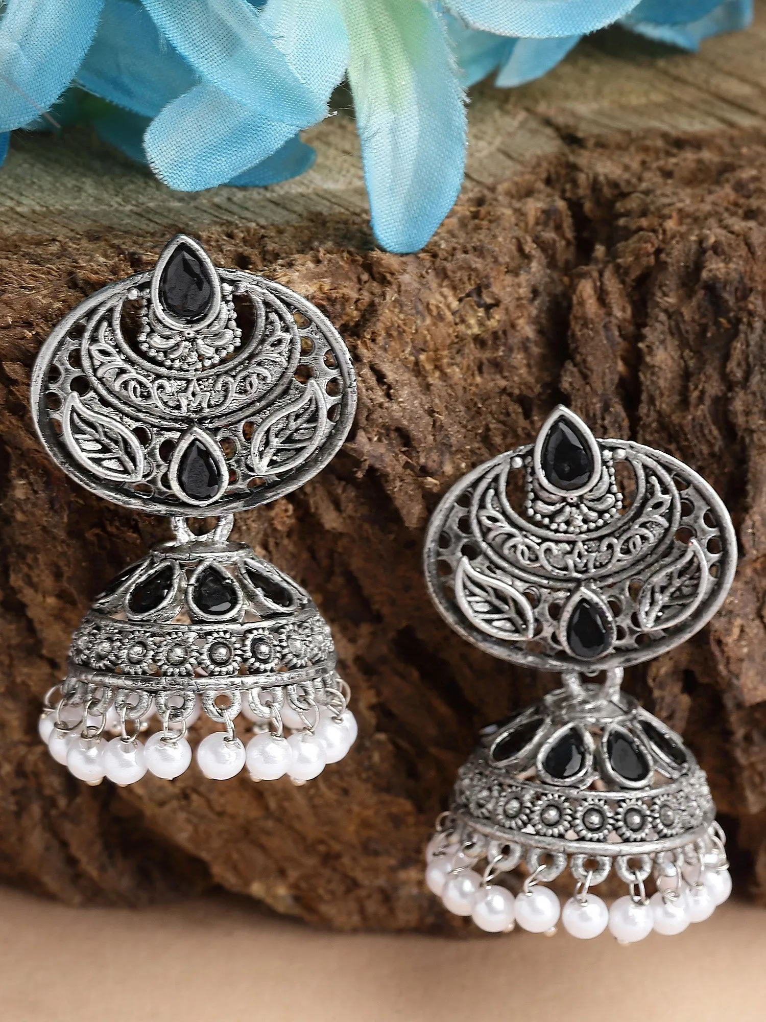 Karatcart Oxidised Silver Black Stone and Pearl Jhumka Earrings for Women
