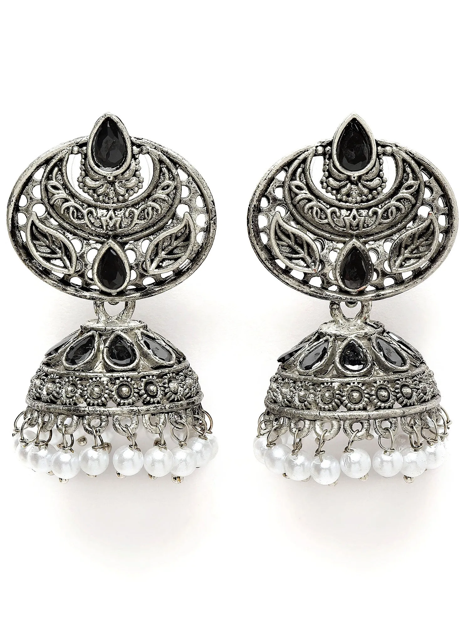 Karatcart Oxidised Silver Black Stone and Pearl Jhumka Earrings for Women