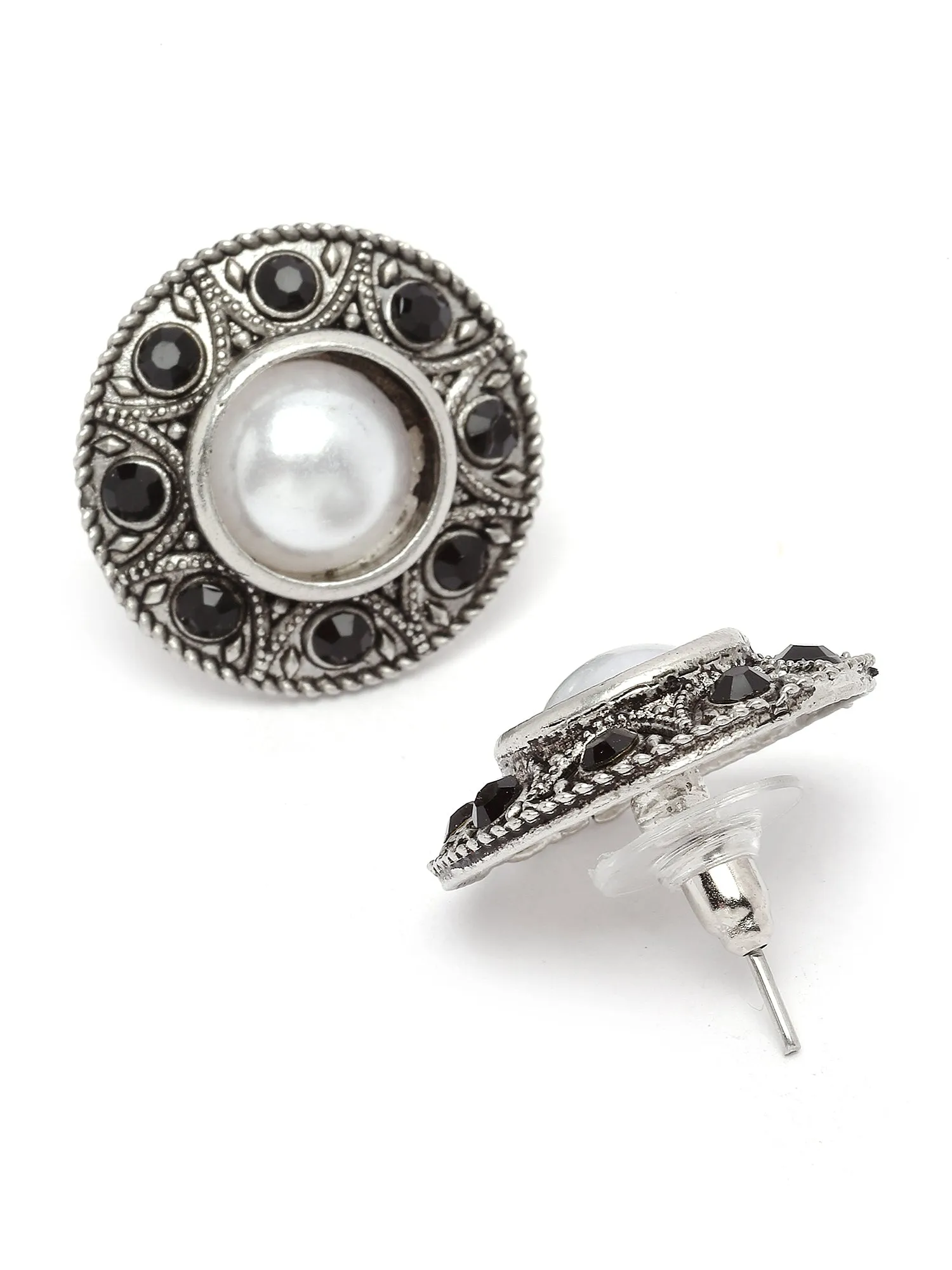 Karatcart Oxidised Silver Black Stone and Pearl Studded Earrings with Maangtikka and Nath Combo