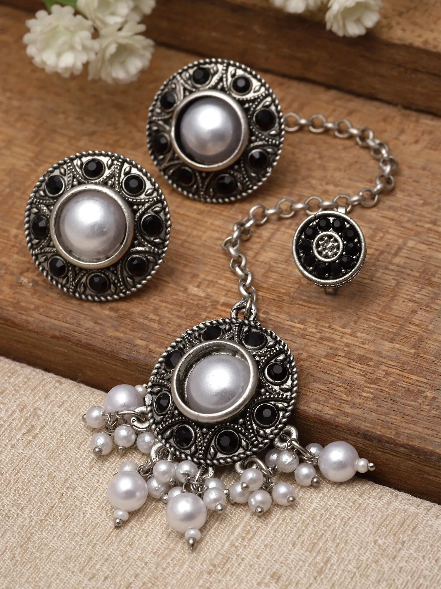 Karatcart Oxidised Silver Black Stone and Pearl Studded Earrings with Maangtikka and Nath Combo