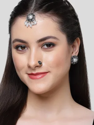 Karatcart Oxidised Silver Black Stone and Pearl Studded Earrings with Maangtikka and Nath Combo