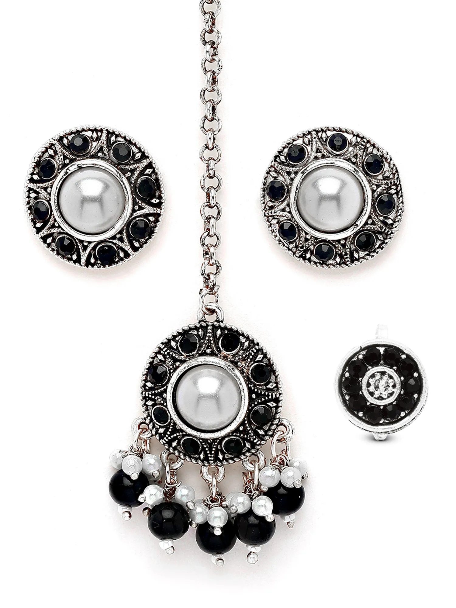 Karatcart Oxidised Silver Black Stone and Pearl Studded Earrings with Maangtikka and Nath Combo