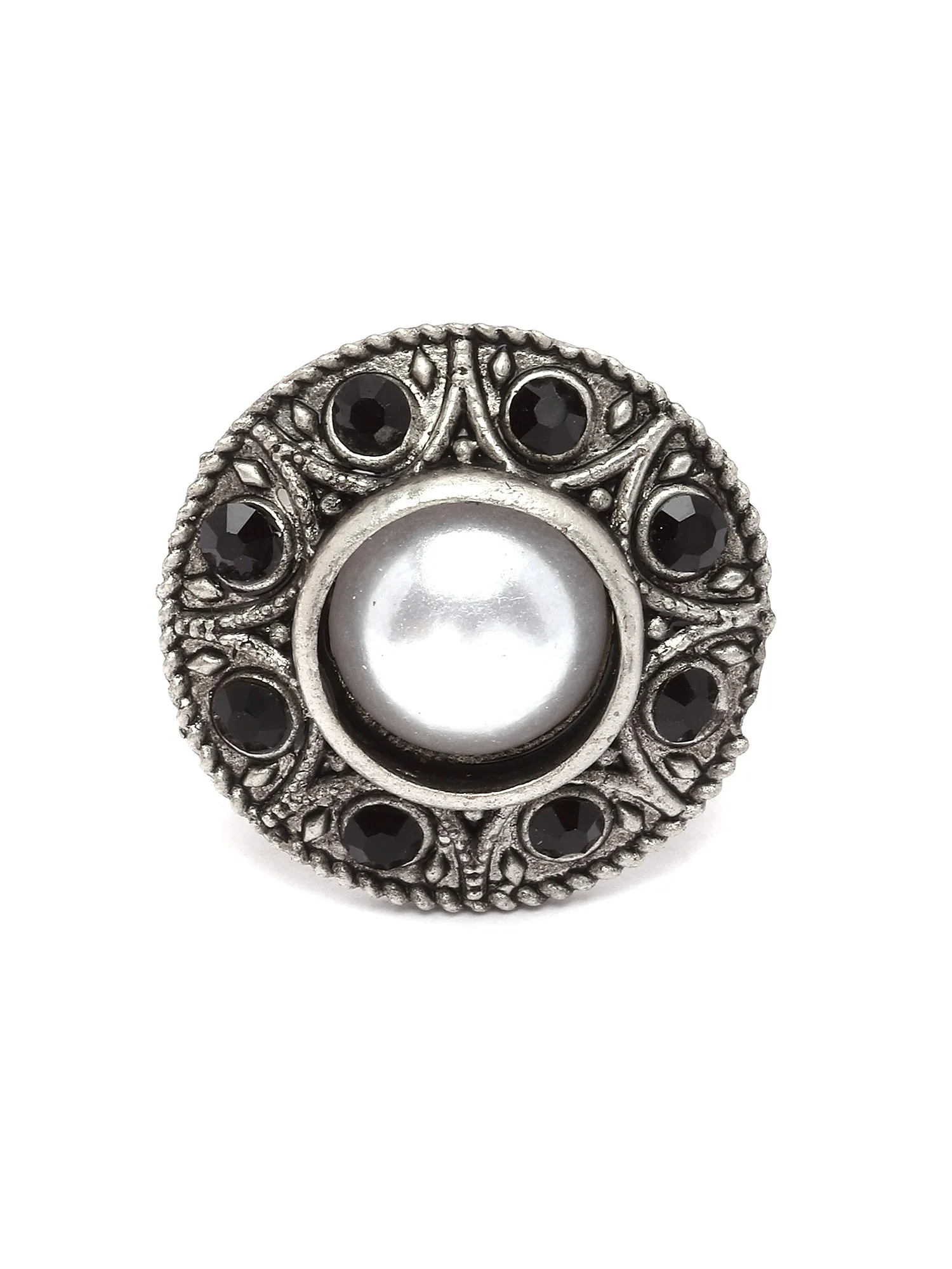 Karatcart Oxidised Silver Black Stone Antique Kundan Earrings with Adjustable Ring Combo