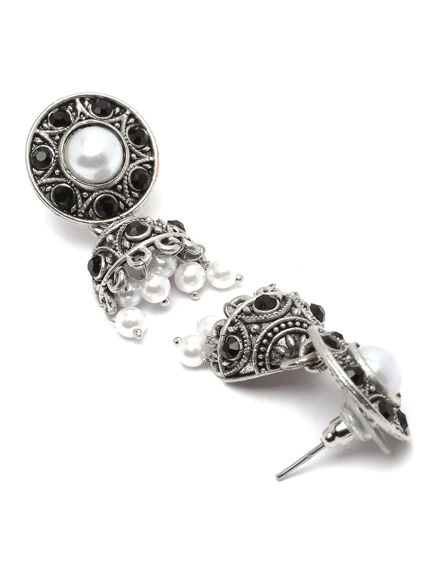 Karatcart Oxidised Silver Black Stone Antique Kundan Earrings with Adjustable Ring Combo