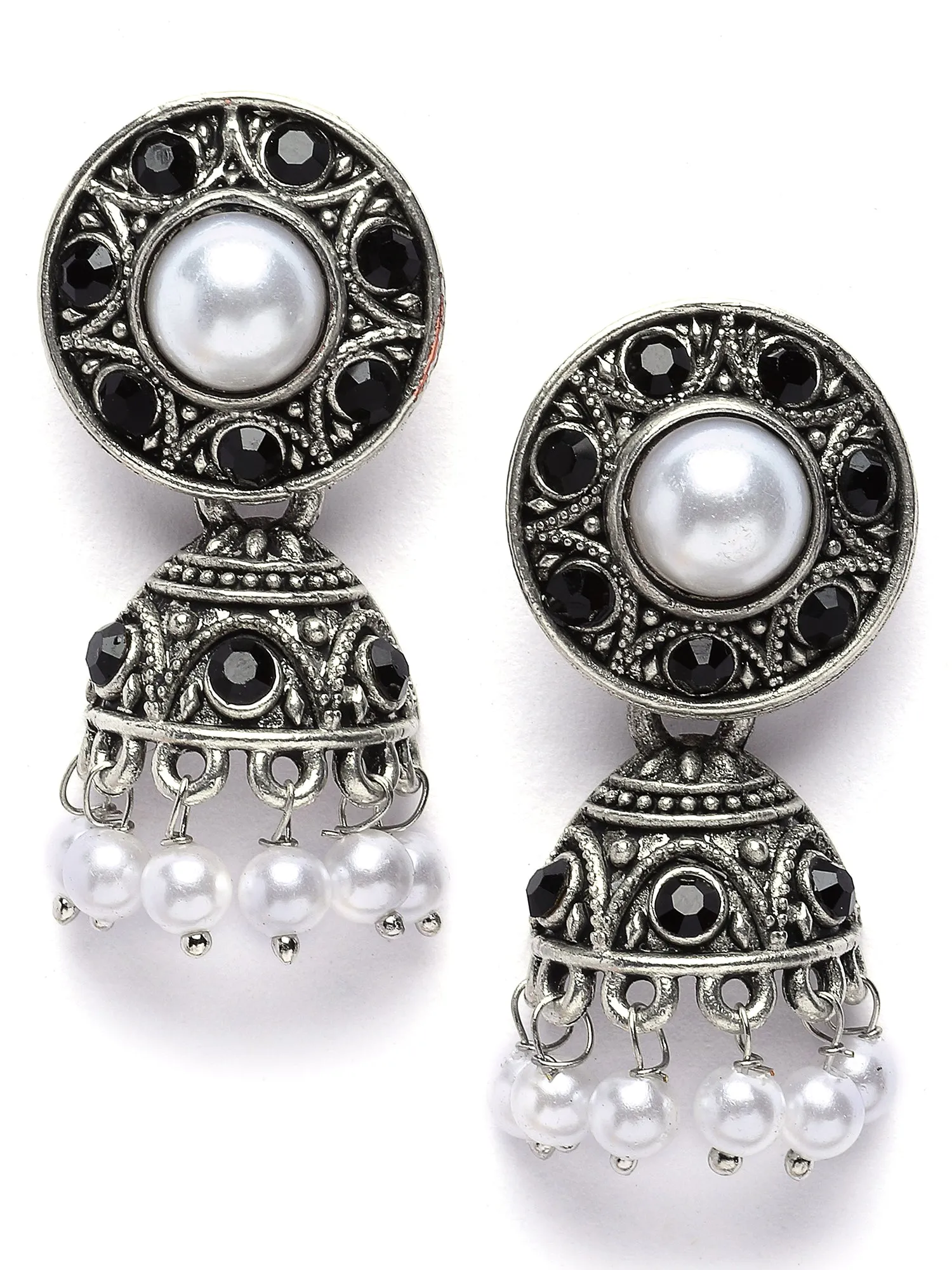 Karatcart Oxidised Silver Black Stone Antique Kundan Earrings with Adjustable Ring Combo