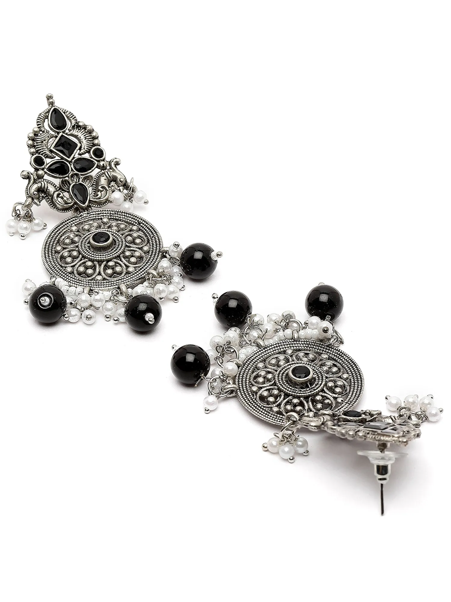 Karatcart Oxidised Silver Black Stone Chakra Design Dangler Earrings for Women