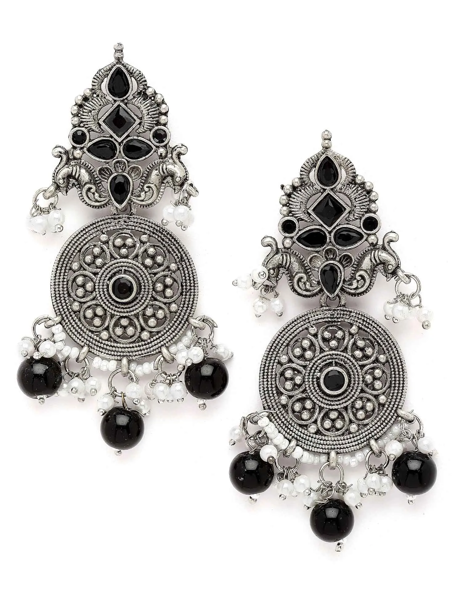 Karatcart Oxidised Silver Black Stone Chakra Design Dangler Earrings for Women