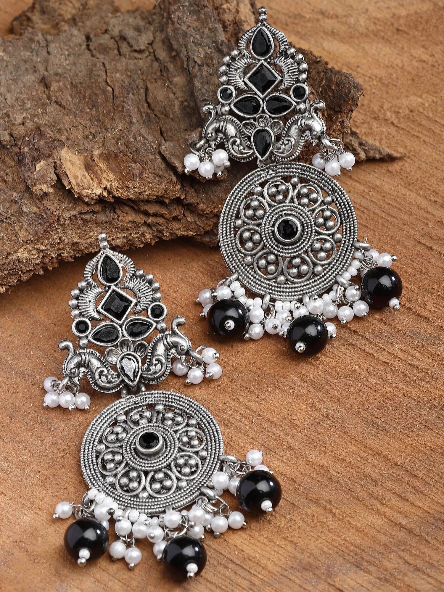Karatcart Oxidised Silver Black Stone Chakra Design Dangler Earrings for Women