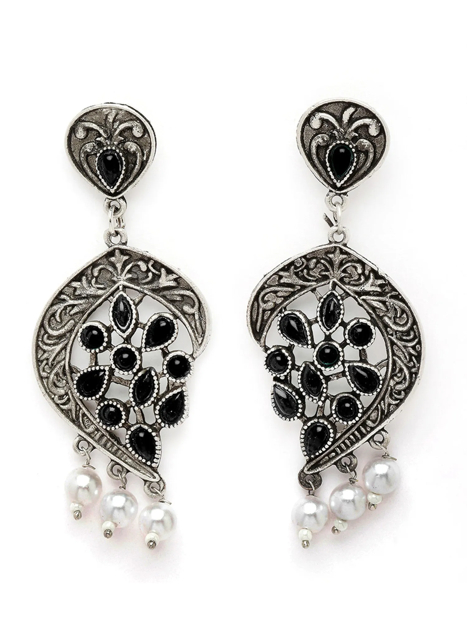 Karatcart Oxidised-Silver Black Stone Drop Earring for Women