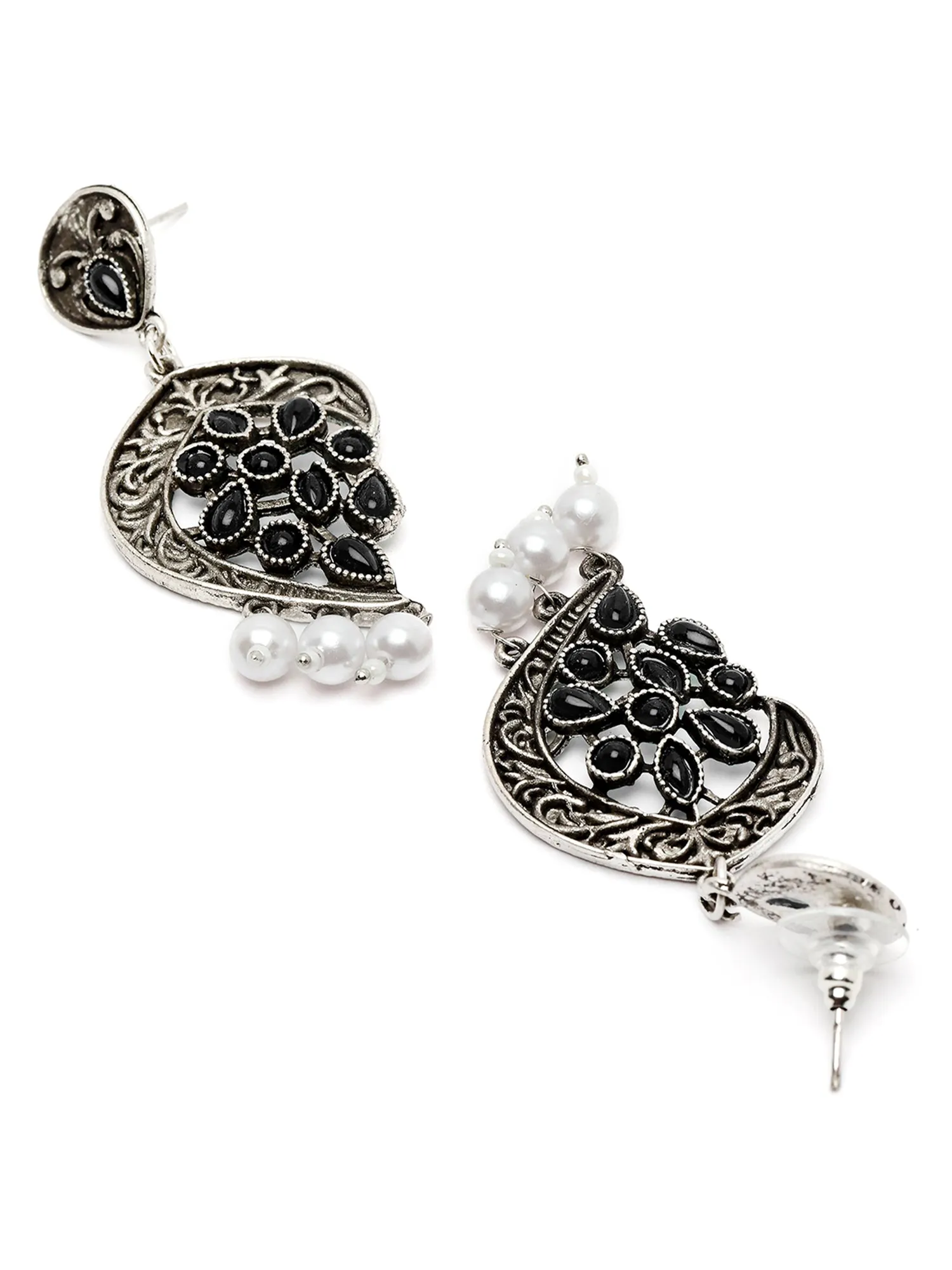 Karatcart Oxidised-Silver Black Stone Drop Earring for Women