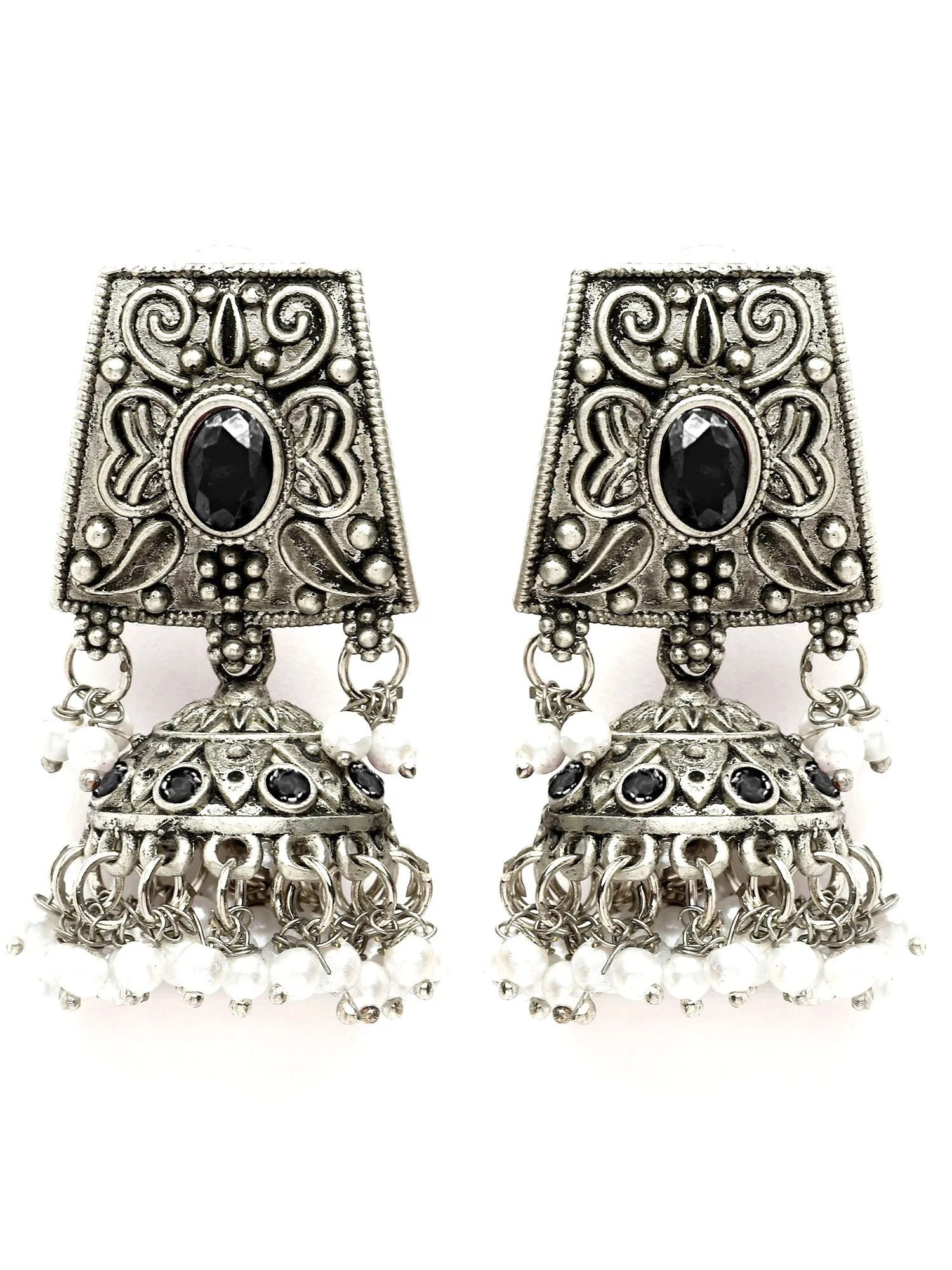 Karatcart Oxidised Silver Black Stone Jhumki Earrings for Women