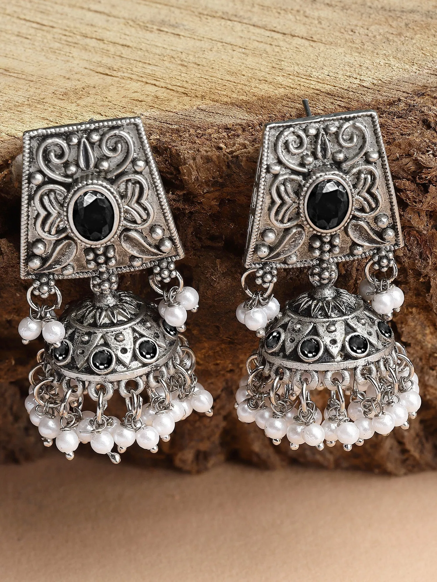 Karatcart Oxidised Silver Black Stone Jhumki Earrings for Women