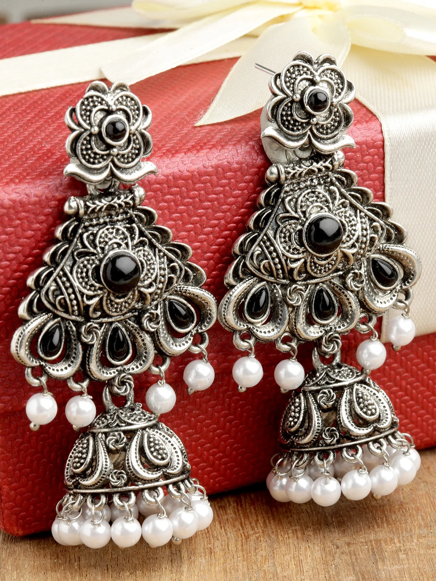 Karatcart Oxidised Silver Black Stone Studded Dangler Jhumki Earrings for Women
