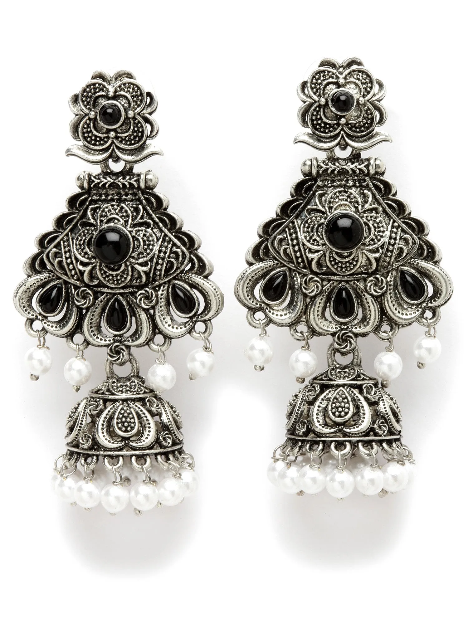 Karatcart Oxidised Silver Black Stone Studded Dangler Jhumki Earrings for Women