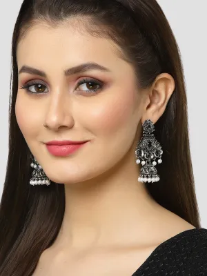 Karatcart Oxidised Silver Black Stone Studded Dangler Jhumki Earrings for Women