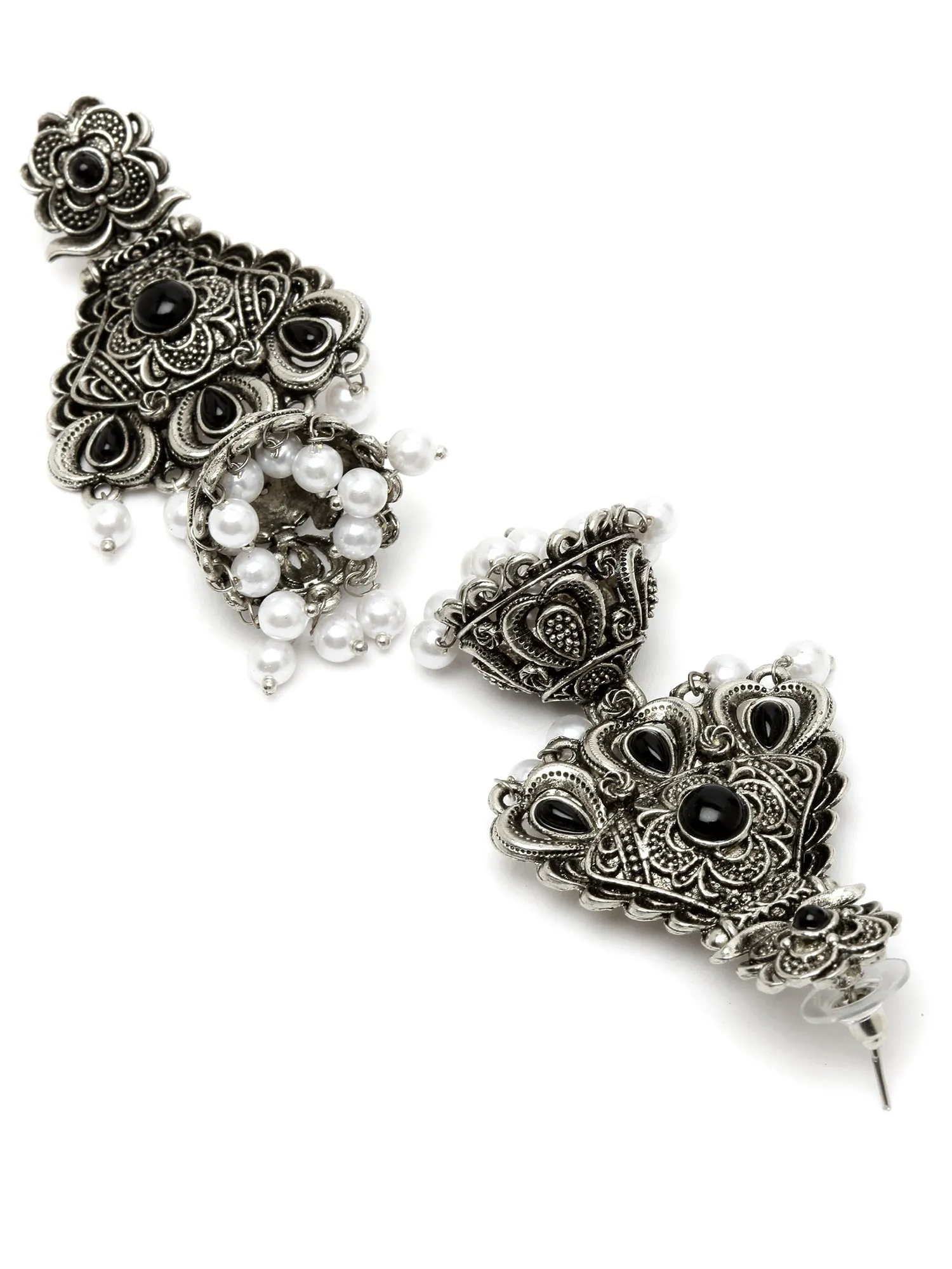 Karatcart Oxidised Silver Black Stone Studded Dangler Jhumki Earrings for Women