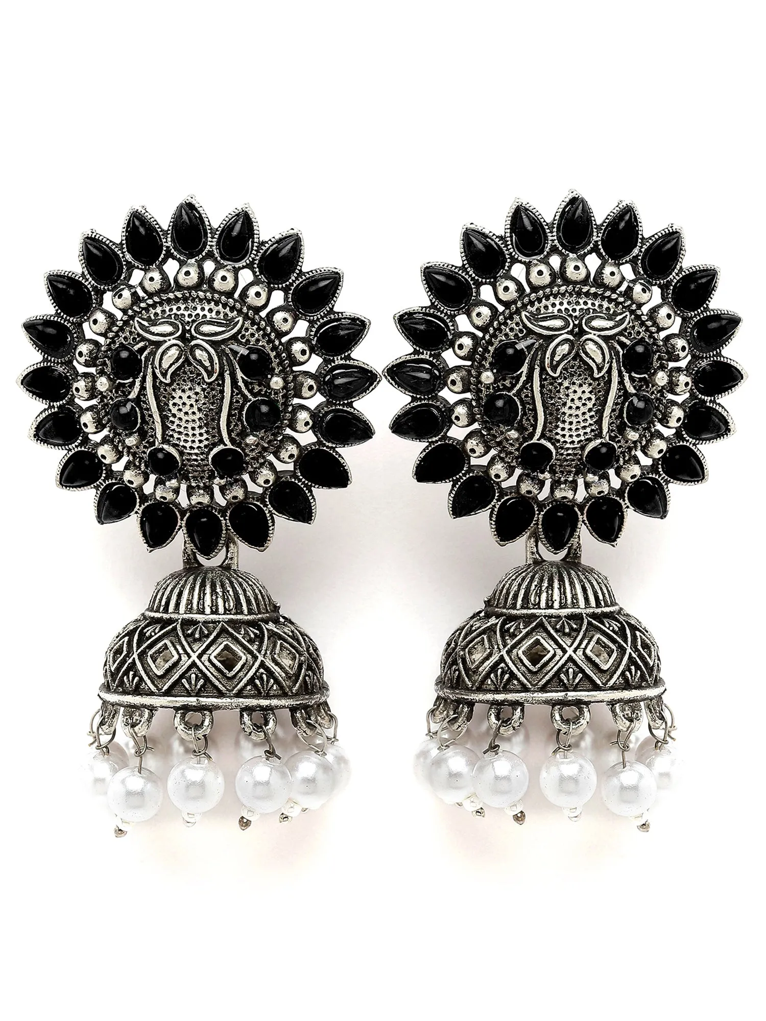 Karatcart Oxidised Silver Black Stone Studded Jhumki Earring for Women